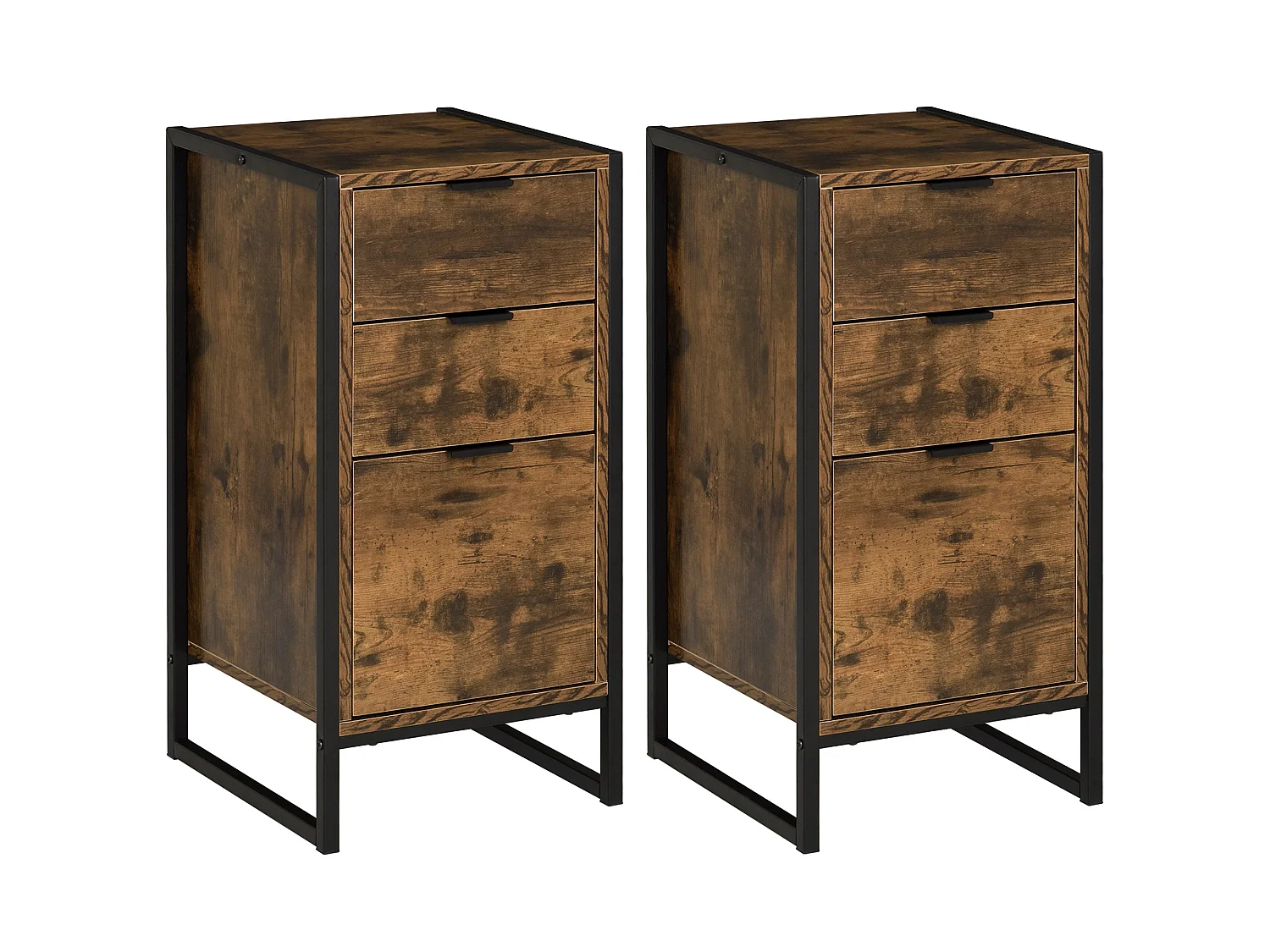 Naba Rustic Brown Metal and Wood Set of 2 Industrial 3 Drawer Bedside Tables