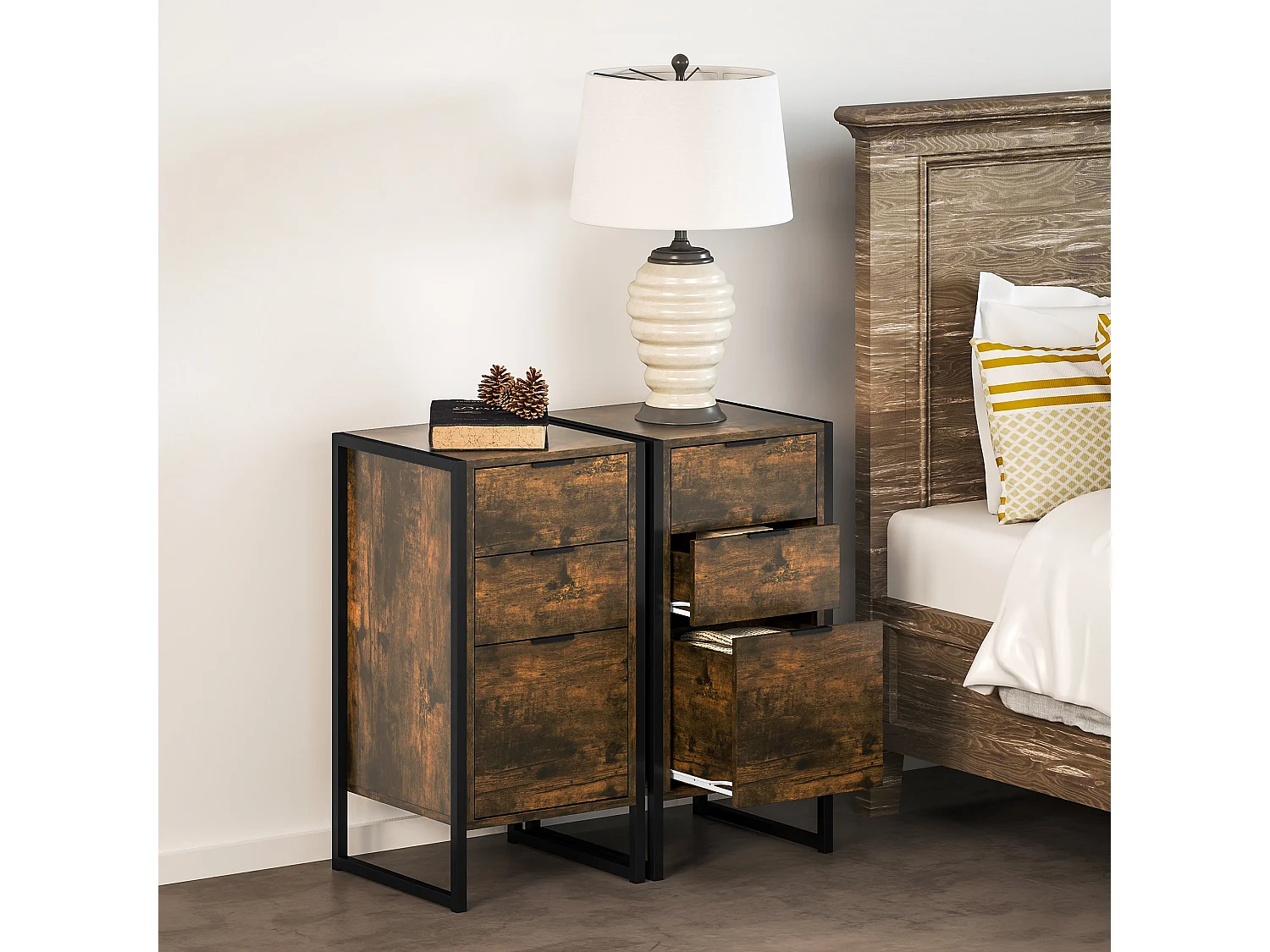 Naba Rustic Brown Metal and Wood Set of 2 Industrial 3 Drawer Bedside Tables