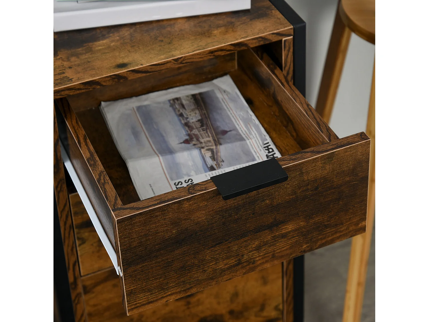 Naba Rustic Brown Metal and Wood Set of 2 Industrial 3 Drawer Bedside Tables