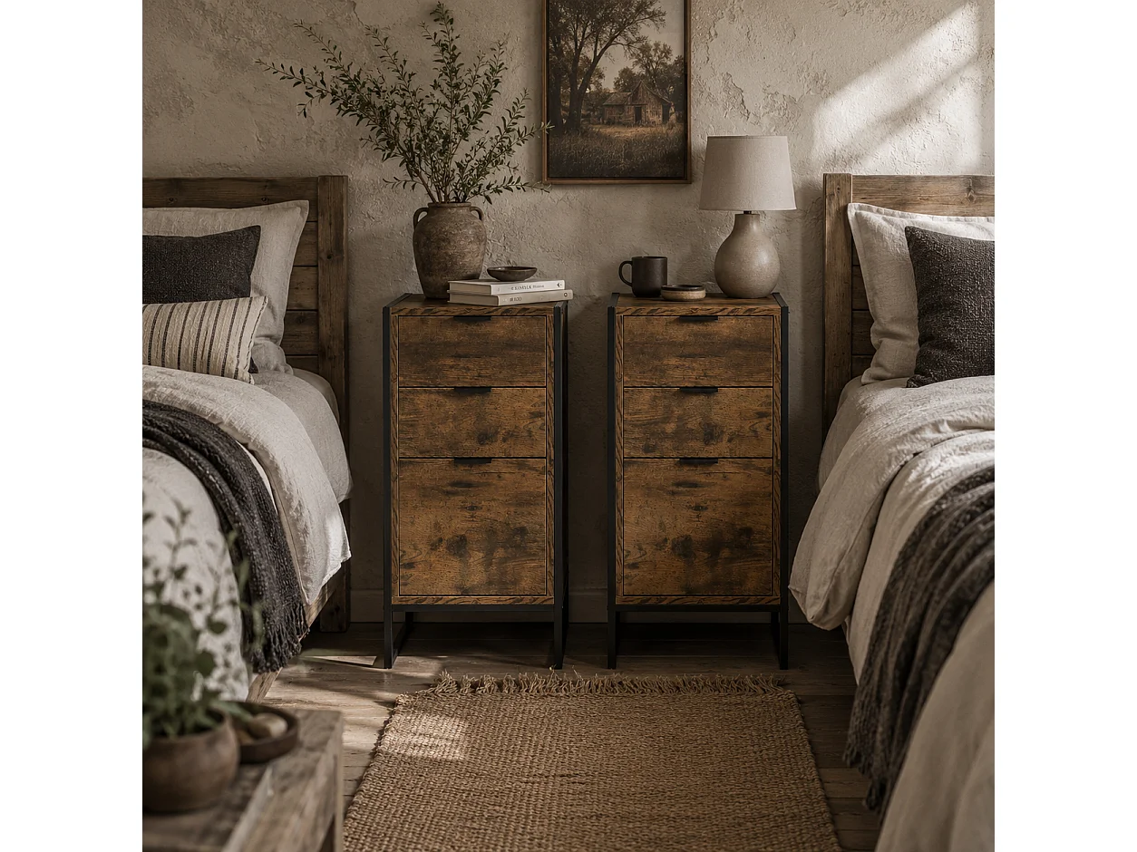 Naba Rustic Brown Metal and Wood Set of 2 Industrial 3 Drawer Bedside Tables