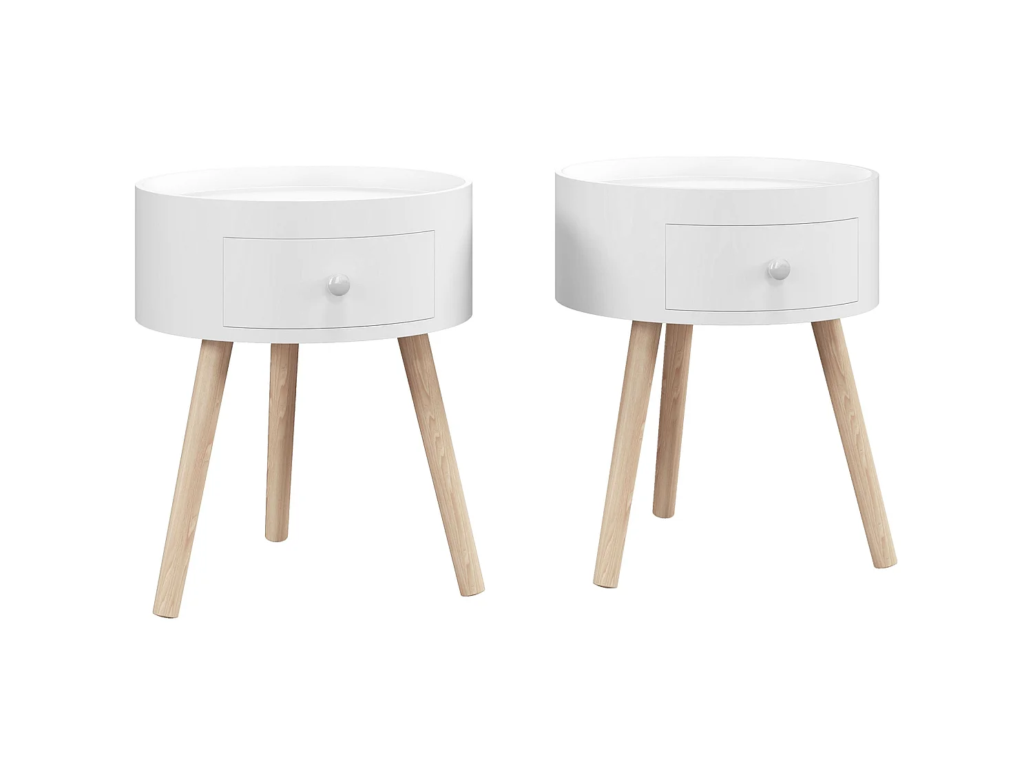 Ladi Wood Set of 2 Round Bedside Tables with Drawer Storage