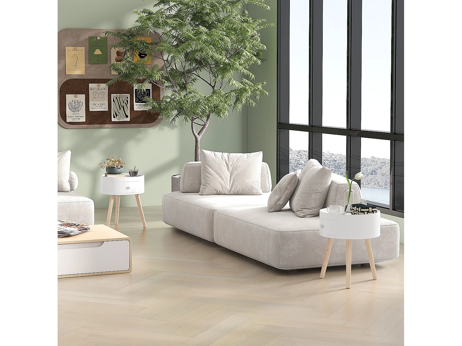 Ladi Wood Set of 2 Round Bedside Tables with Drawer Storage