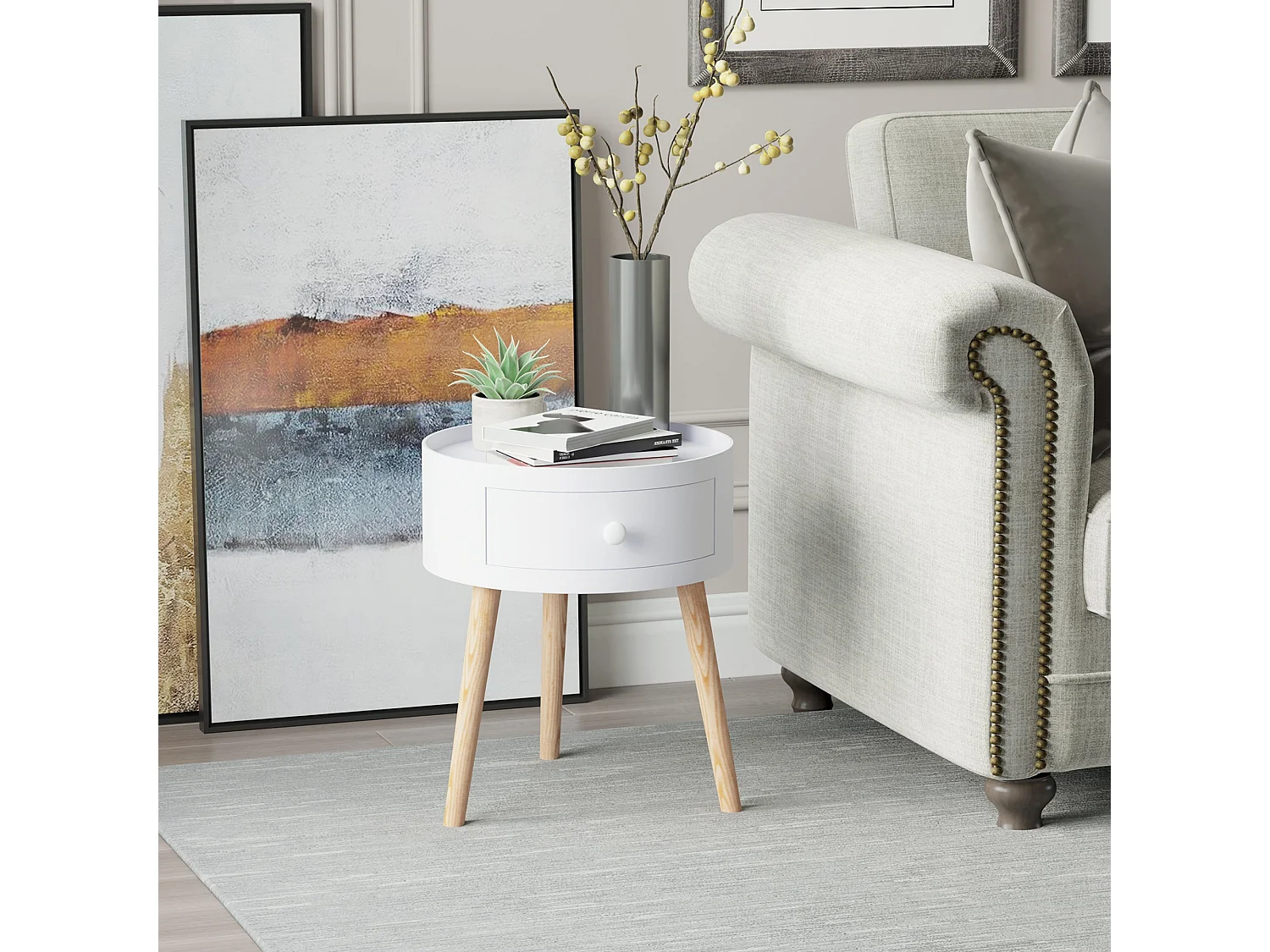 Ladi Wood Set of 2 Round Bedside Tables with Drawer Storage