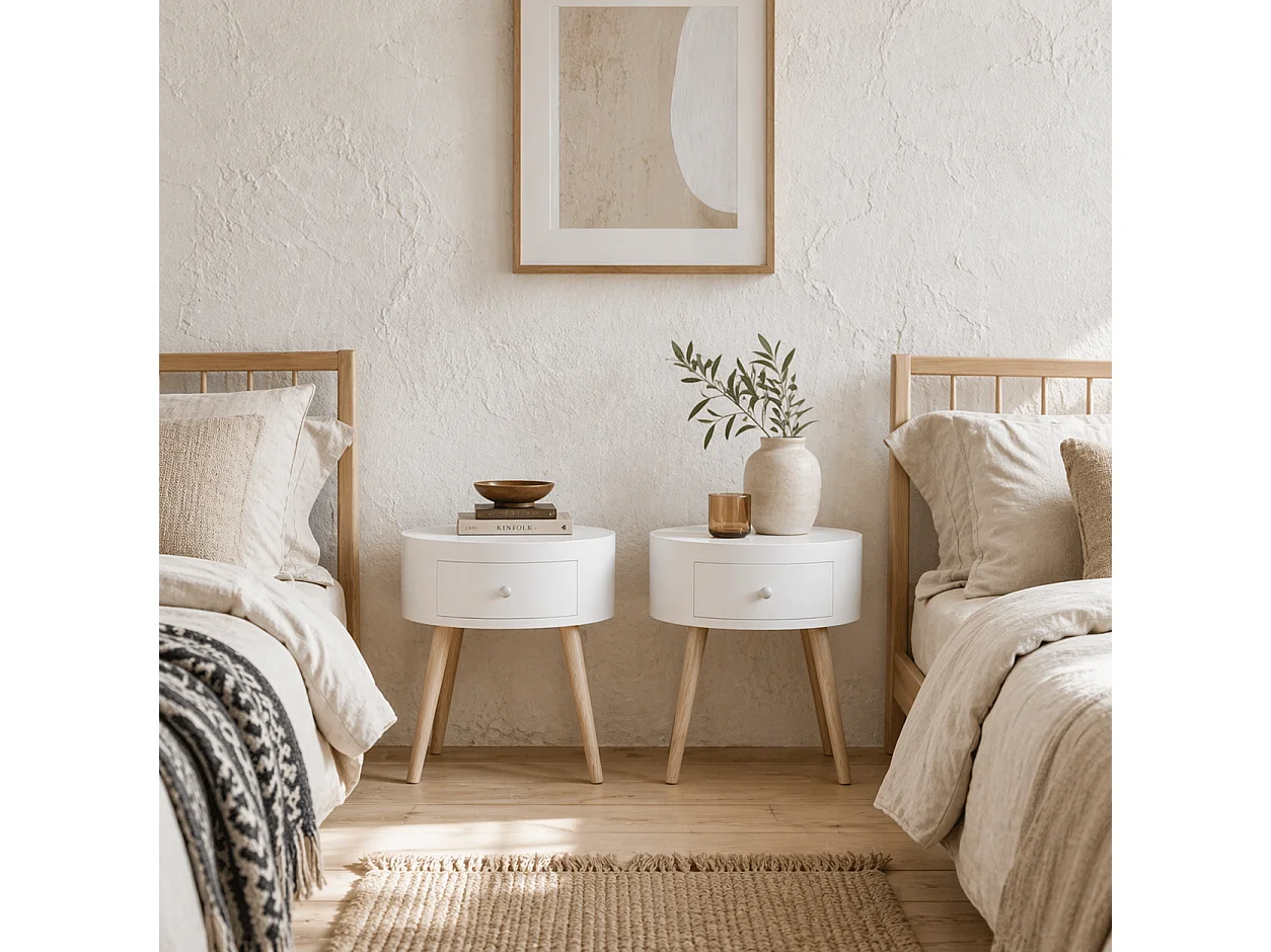Ladi Wood Set of 2 Round Bedside Tables with Drawer Storage