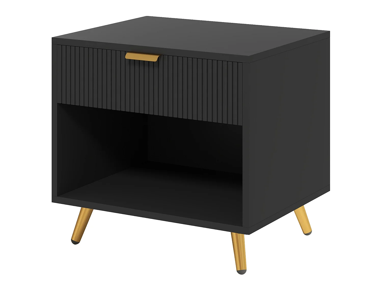 Hana Bano Black and Gold Bedside Table with Ribbed Drawer and Shelf