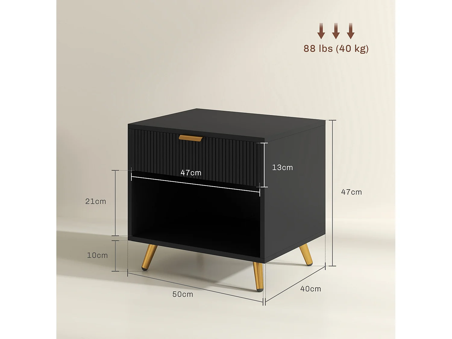 Hana Bano Black and Gold Bedside Table with Ribbed Drawer and Shelf