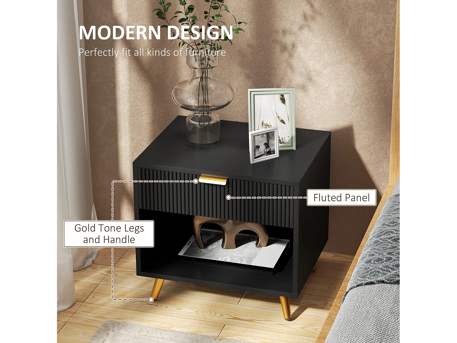 Hana Bano Black and Gold Bedside Table with Ribbed Drawer and Shelf
