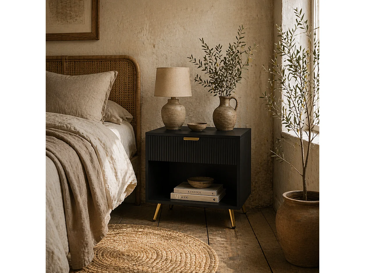 Hana Bano Black and Gold Bedside Table with Ribbed Drawer and Shelf