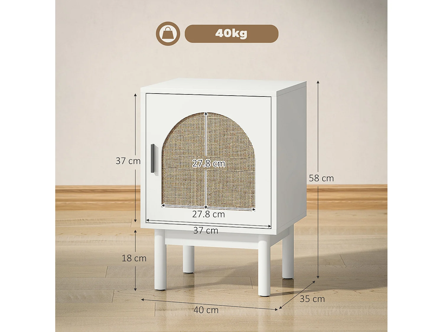 Luna White Rattan Bedside Table With Door Wooden Legs Adjustable Shelf