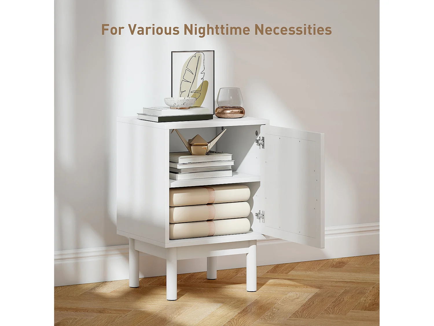 Luna White Rattan Bedside Table With Door Wooden Legs Adjustable Shelf