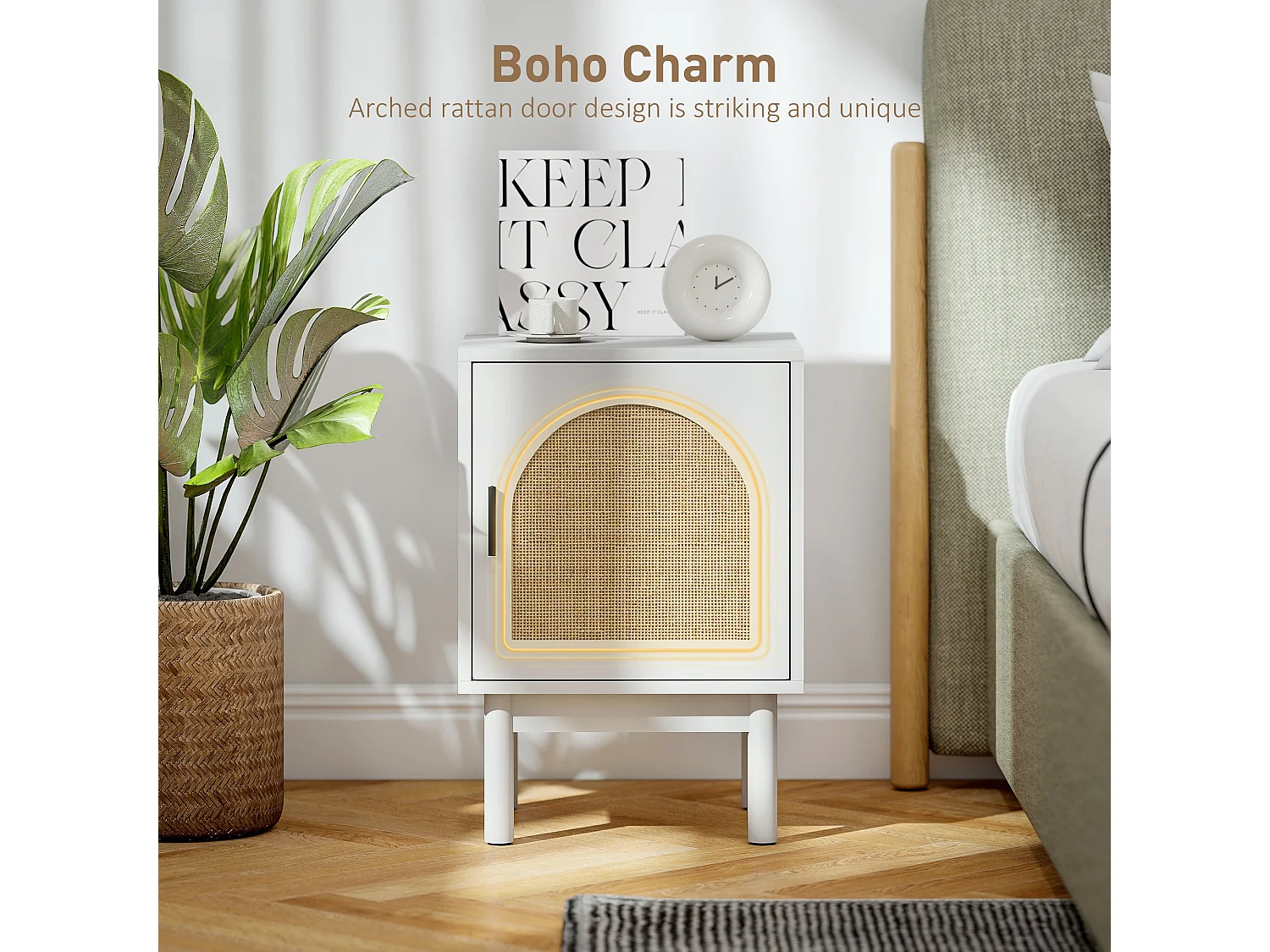 Luna White Rattan Bedside Table With Door Wooden Legs Adjustable Shelf