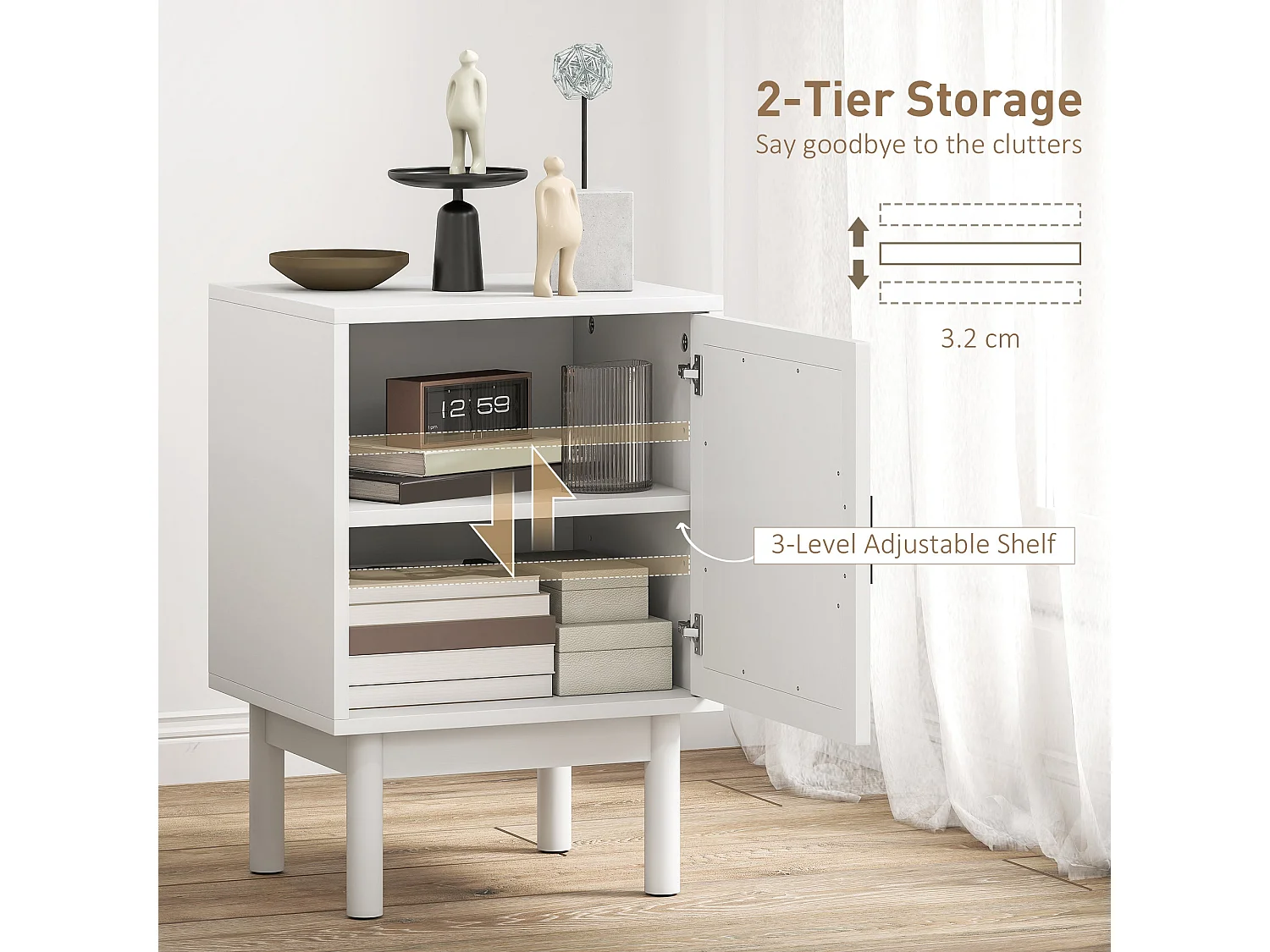 Luna White Rattan Bedside Table With Door Wooden Legs Adjustable Shelf