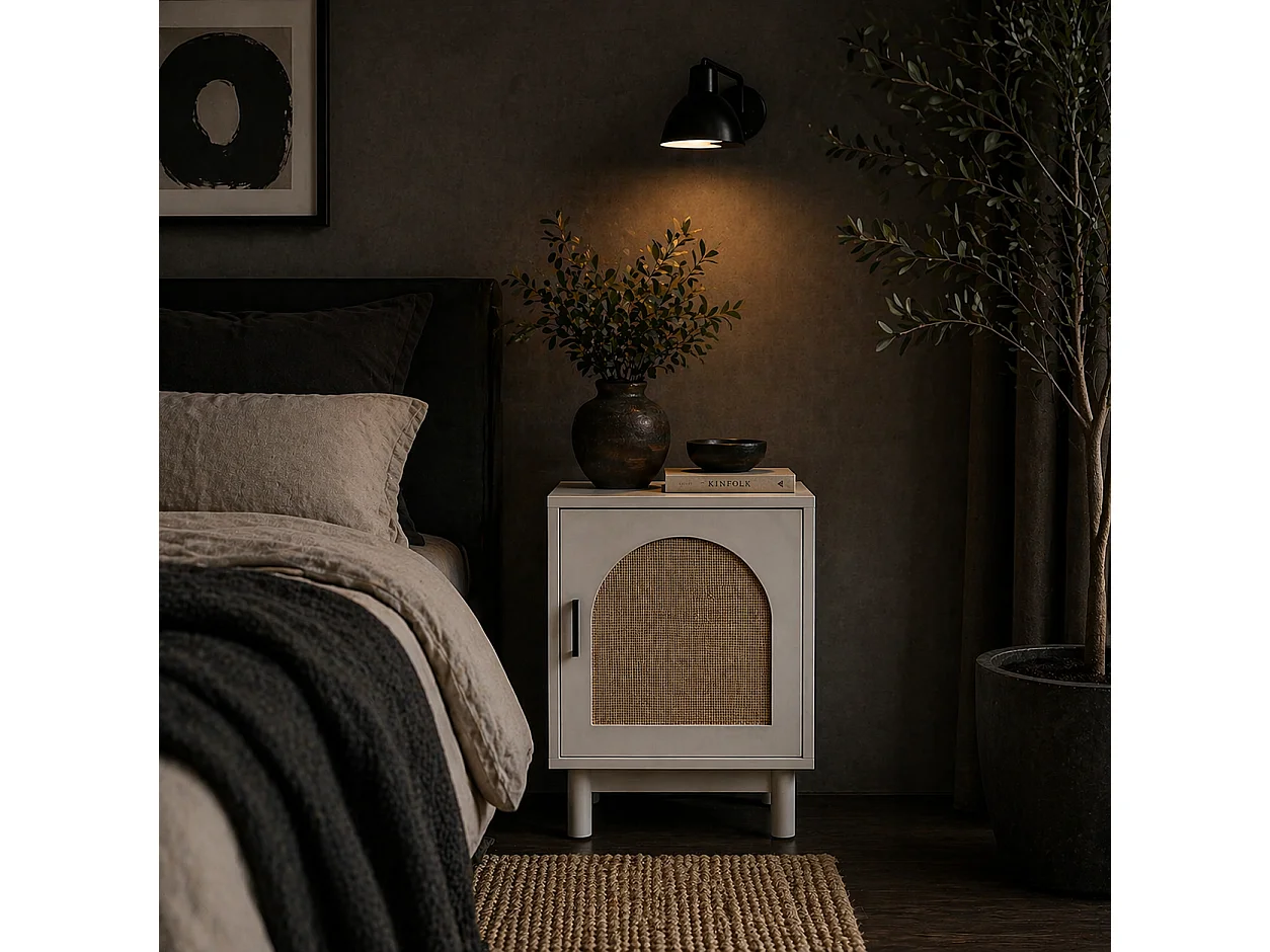 Luna White Rattan Bedside Table With Door Wooden Legs Adjustable Shelf