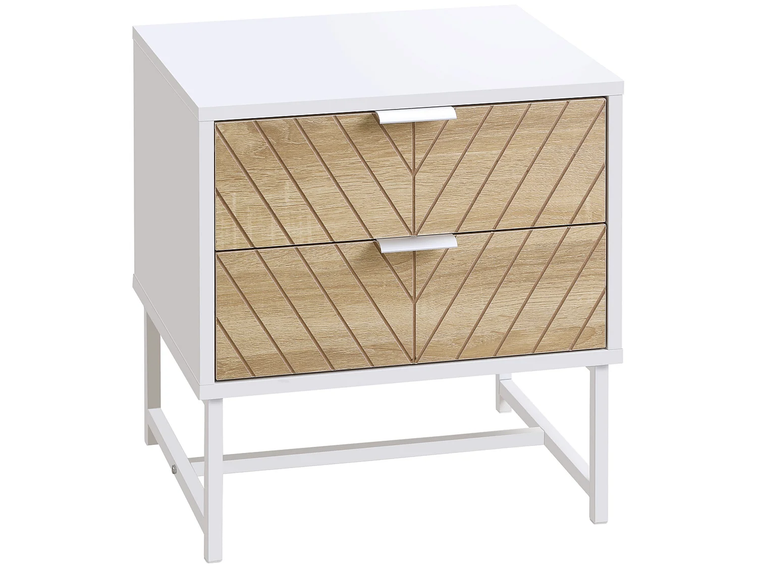 Loni Bedside Table 2 Drawers White and Oak Metal Base