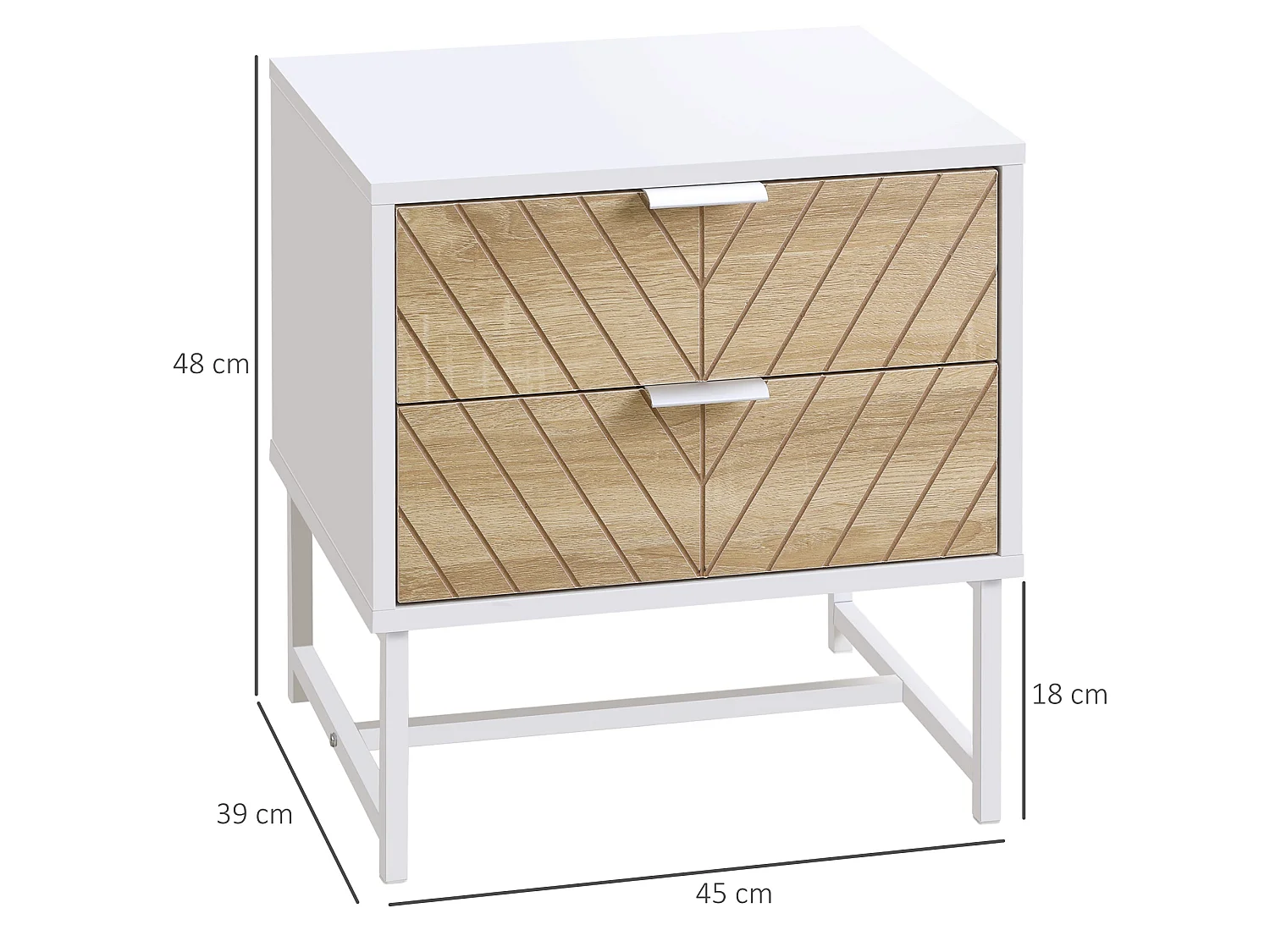 Loni Bedside Table 2 Drawers White and Oak Metal Base
