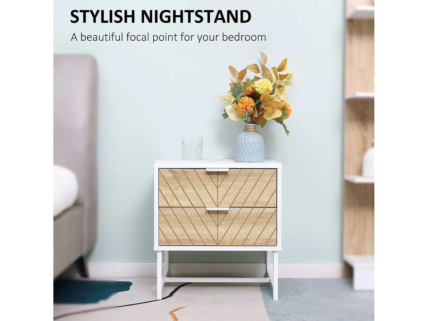 Loni Bedside Table 2 Drawers White and Oak Metal Base