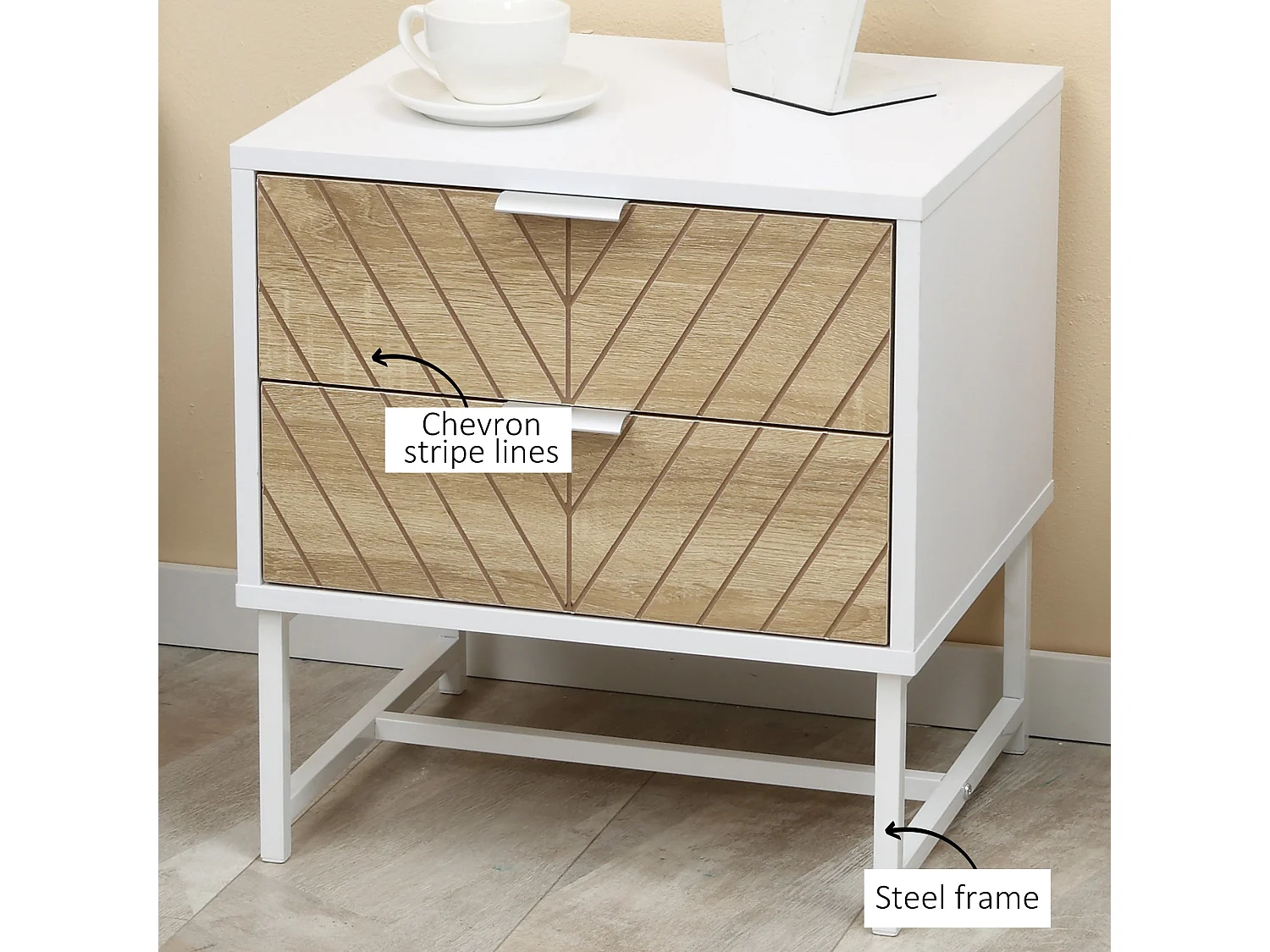 Loni Bedside Table 2 Drawers White and Oak Metal Base