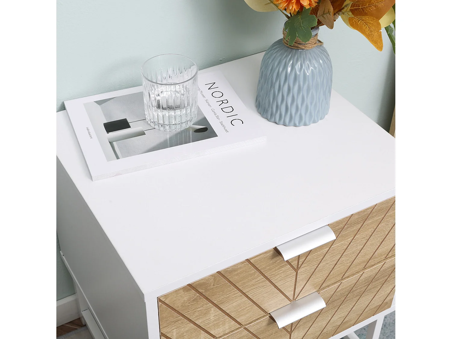 Loni Bedside Table 2 Drawers White and Oak Metal Base