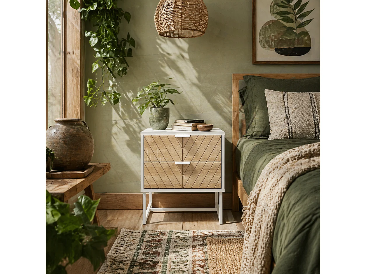 Loni Bedside Table 2 Drawers White and Oak Metal Base