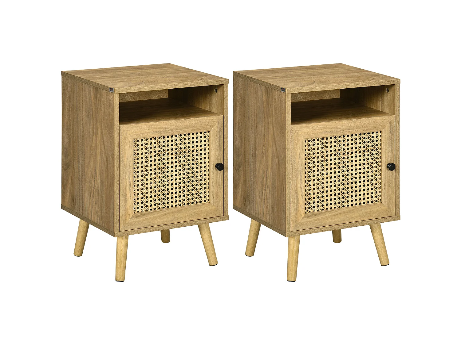 Fiha Set of 2 Natural Wooden Bedside Tables with Rattan Door and Open Shelf