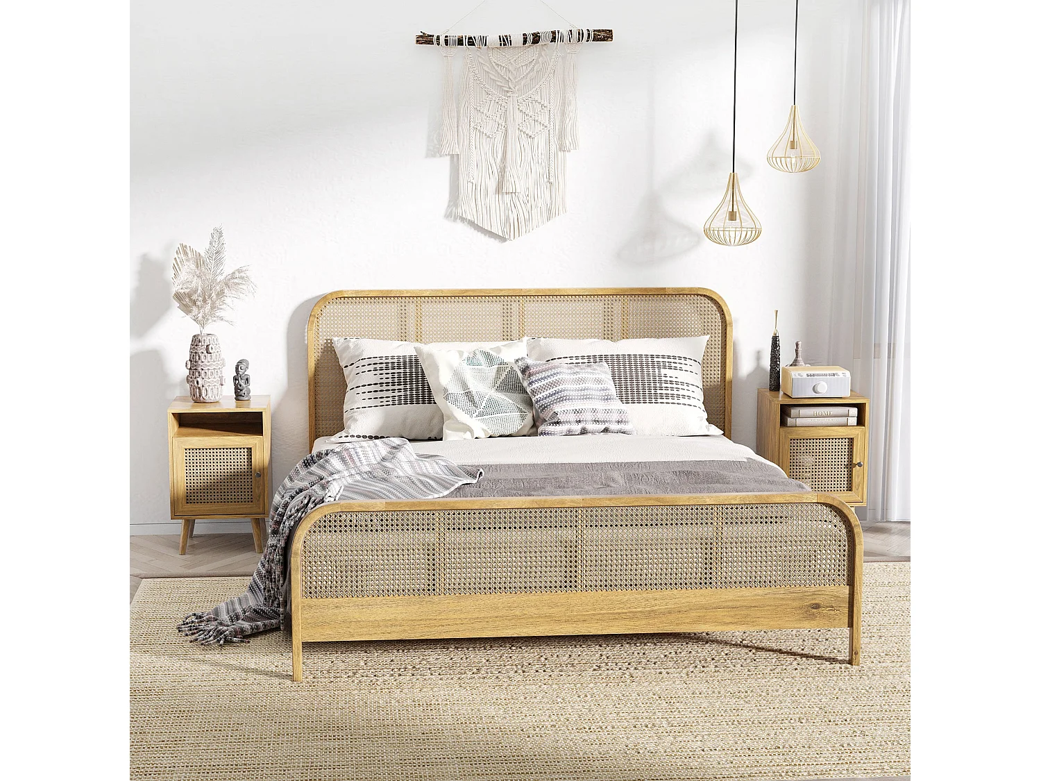 Fiha Set of 2 Natural Wooden Bedside Tables with Rattan Door and Open Shelf