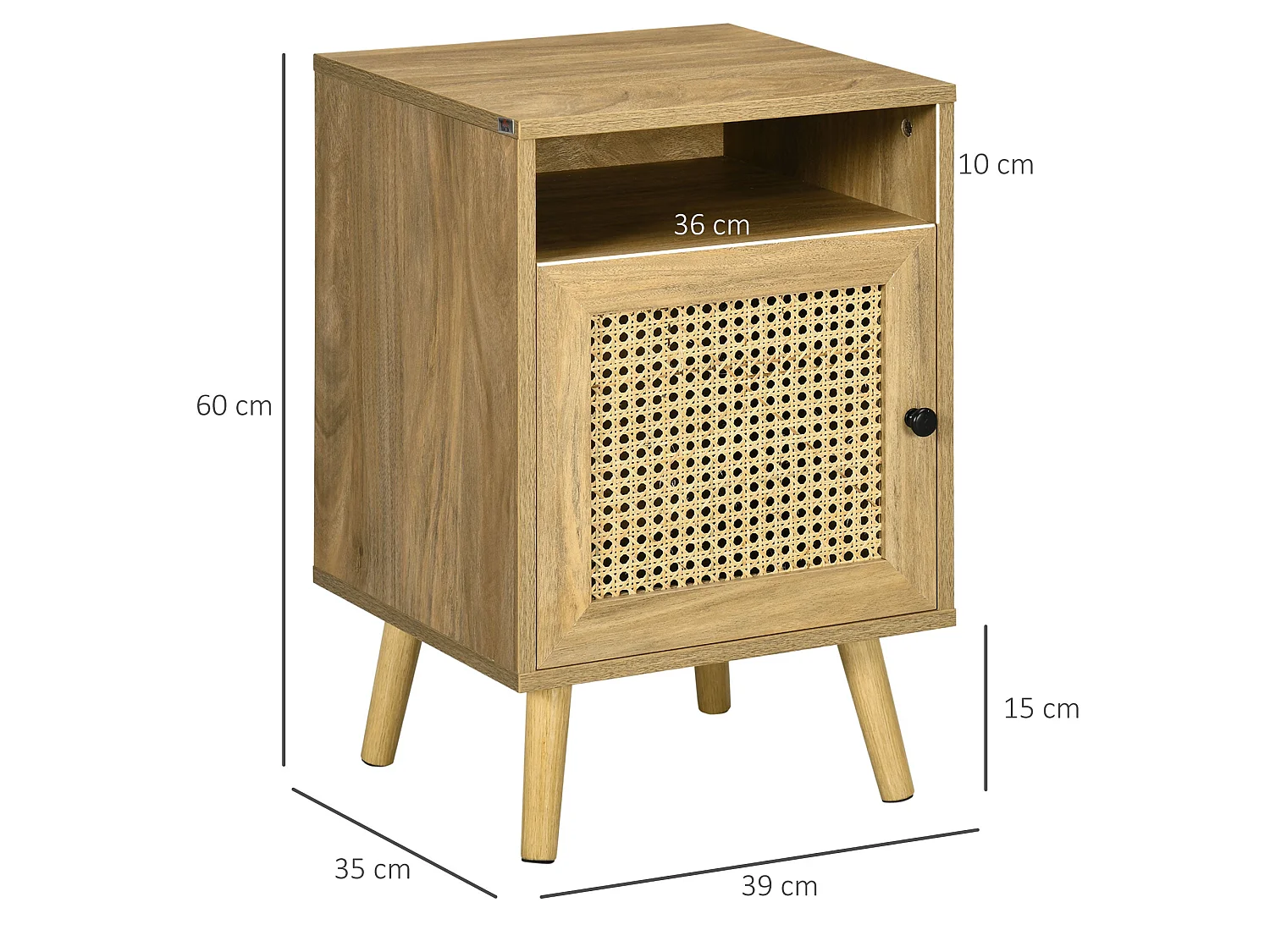 Fiha Set of 2 Natural Wooden Bedside Tables with Rattan Door and Open Shelf