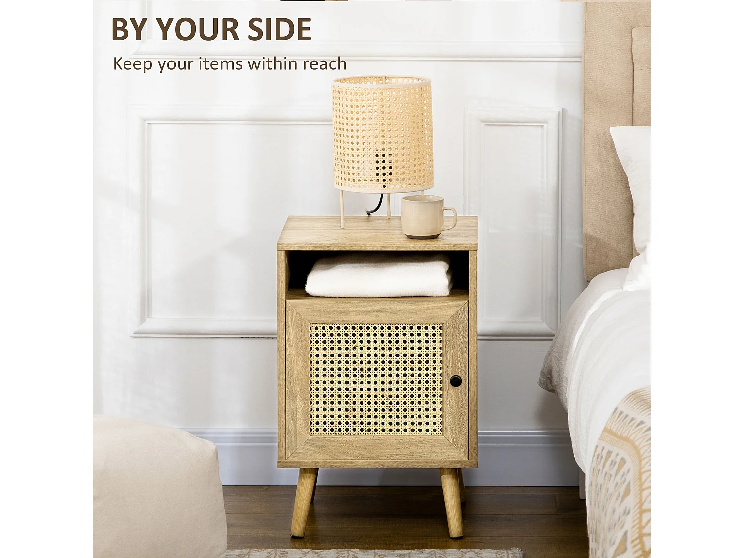 Fiha Set of 2 Natural Wooden Bedside Tables with Rattan Door and Open Shelf