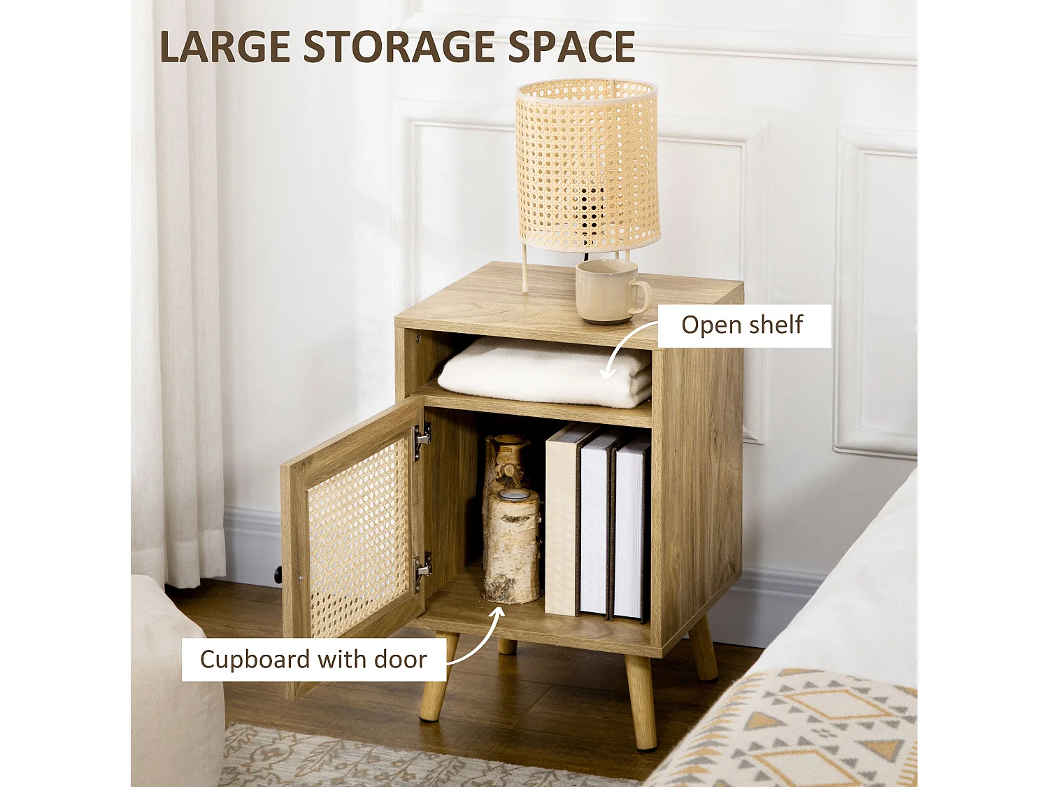 Fiha Set of 2 Natural Wooden Bedside Tables with Rattan Door and Open Shelf