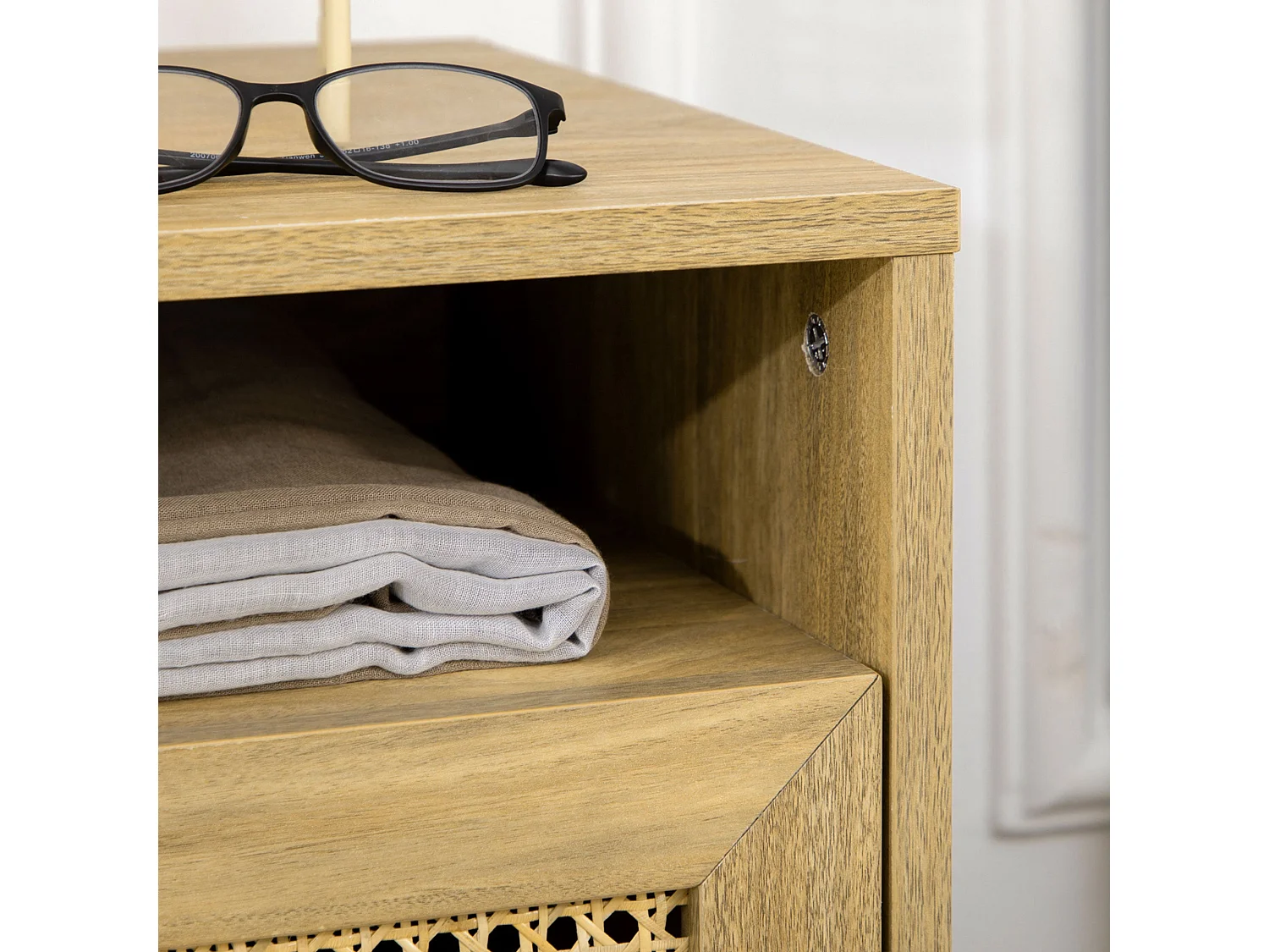 Fiha Set of 2 Natural Wooden Bedside Tables with Rattan Door and Open Shelf