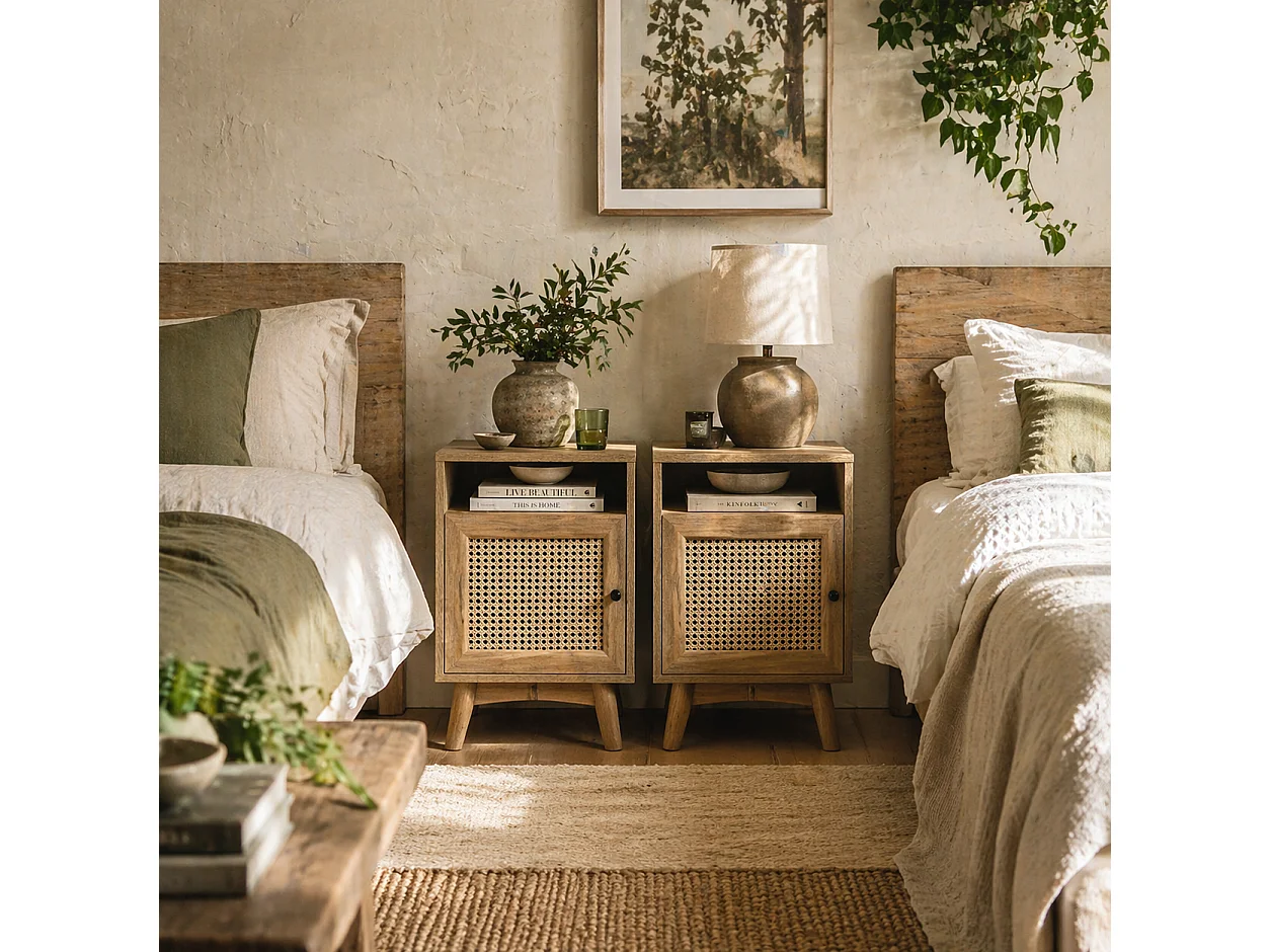 Fiha Set of 2 Natural Wooden Bedside Tables with Rattan Door and Open Shelf