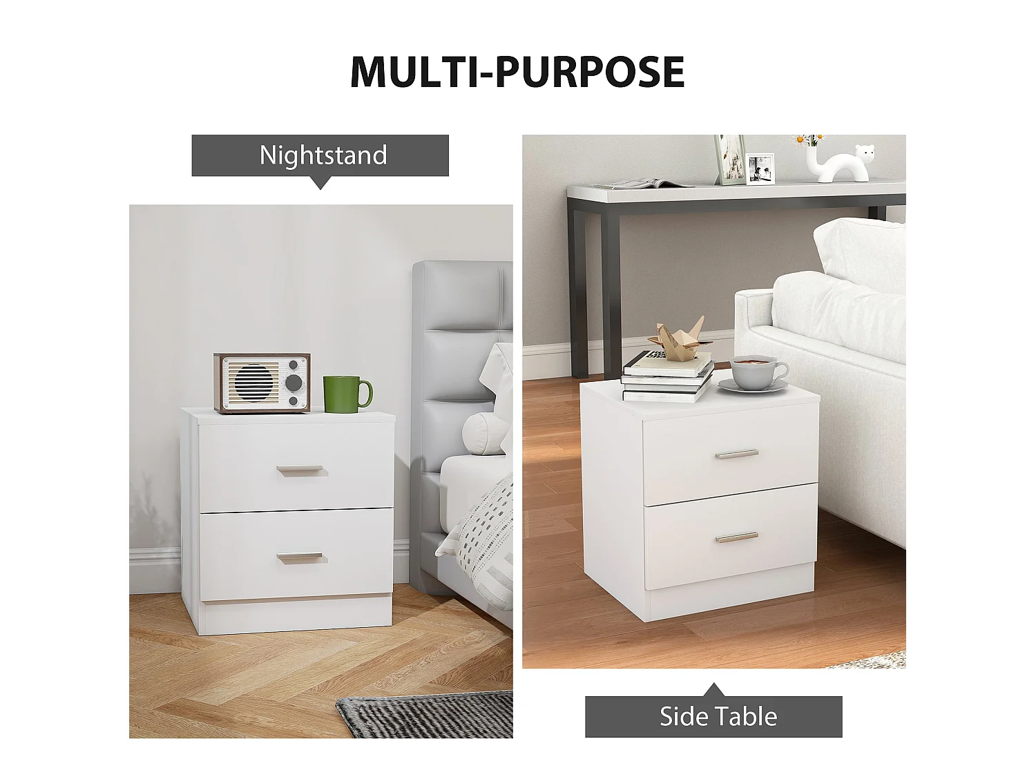 Kefa Yoka White Bedside Table Modern 2 Drawer Nightstand