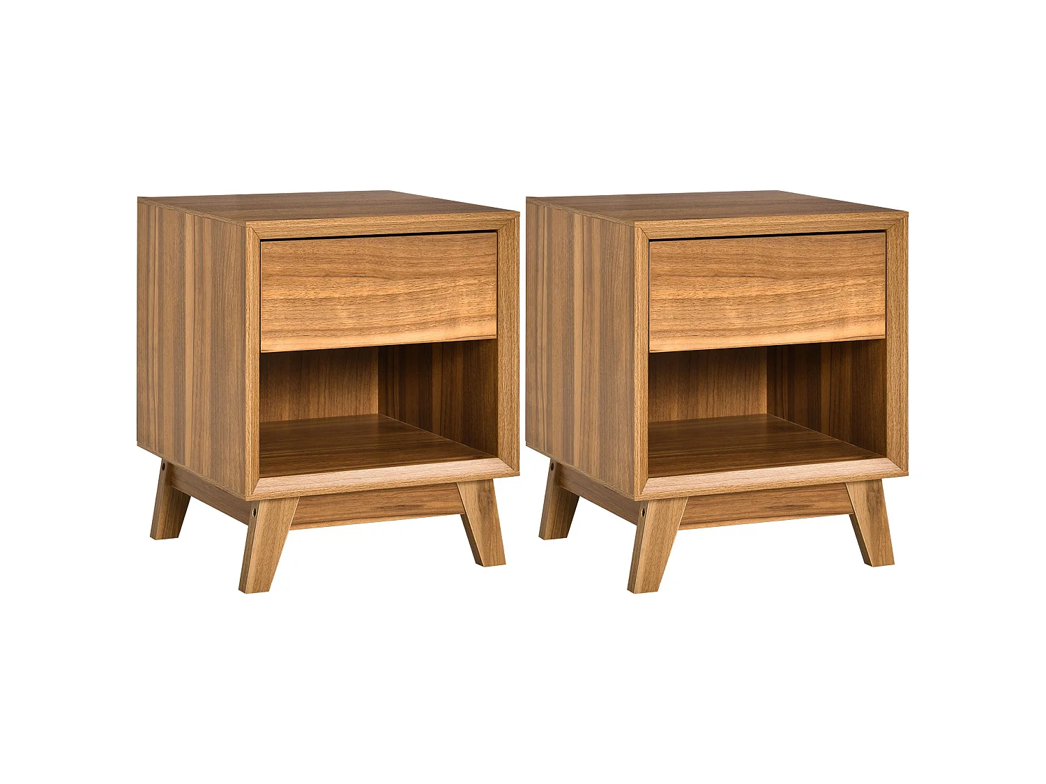 Fatoco Set of 2 Walnut Brown Wooden Bedside Tables with Drawer and Shelf