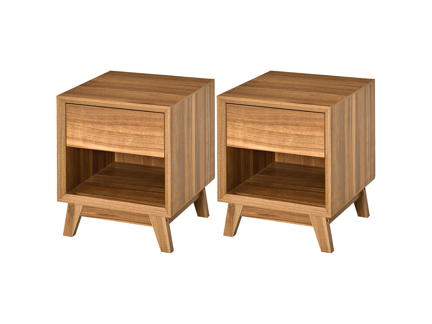 Fatoco Set of 2 Walnut Brown Wooden Bedside Tables with Drawer and Shelf