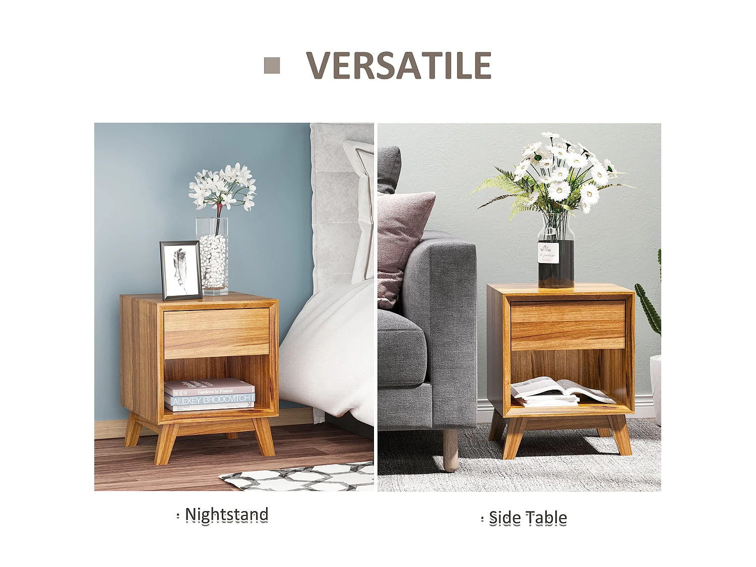 Fatoco Set of 2 Walnut Brown Wooden Bedside Tables with Drawer and Shelf