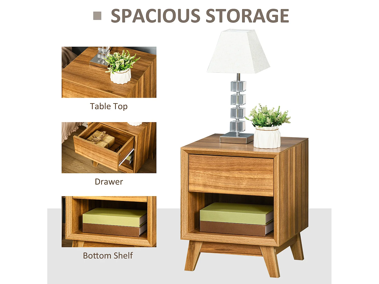 Fatoco Set of 2 Walnut Brown Wooden Bedside Tables with Drawer and Shelf