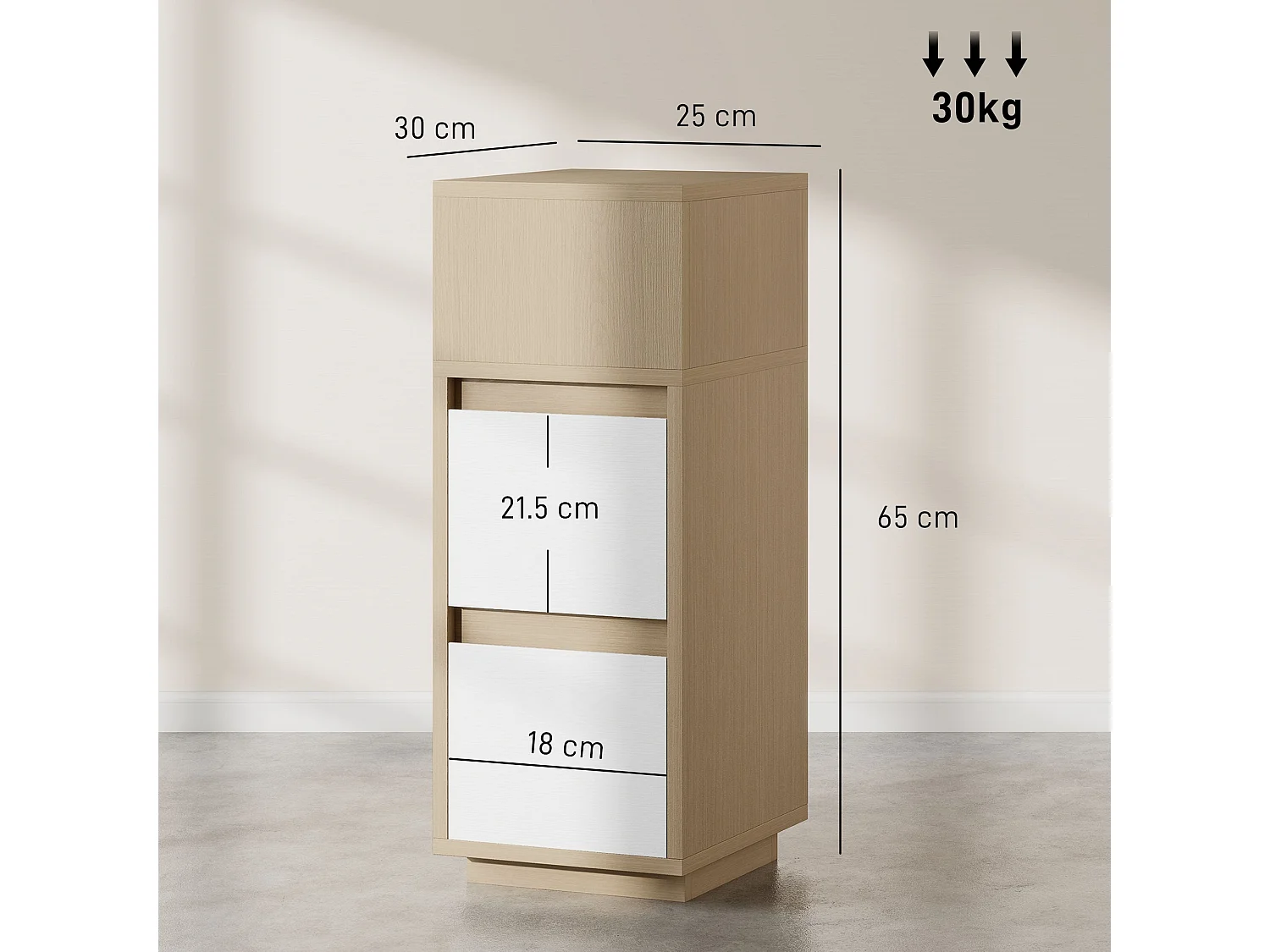 Noyo Slim Bedside Table Natural Wood Finish 2 Drawers + Open Shelf
