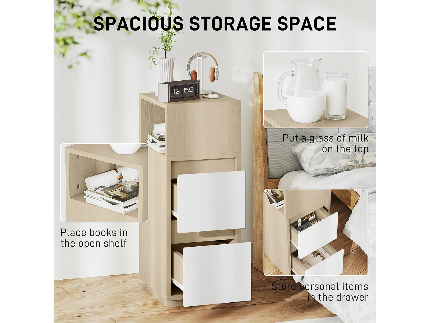 Noyo Slim Bedside Table Natural Wood Finish 2 Drawers + Open Shelf