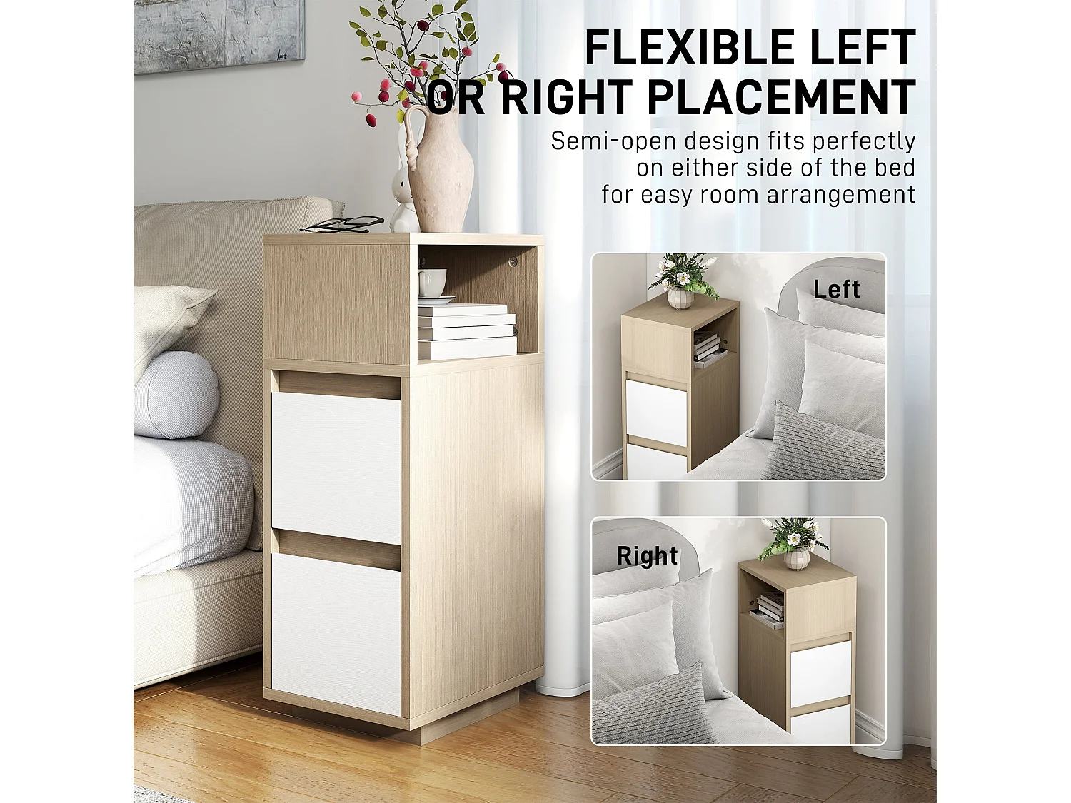 Noyo Slim Bedside Table Natural Wood Finish 2 Drawers + Open Shelf
