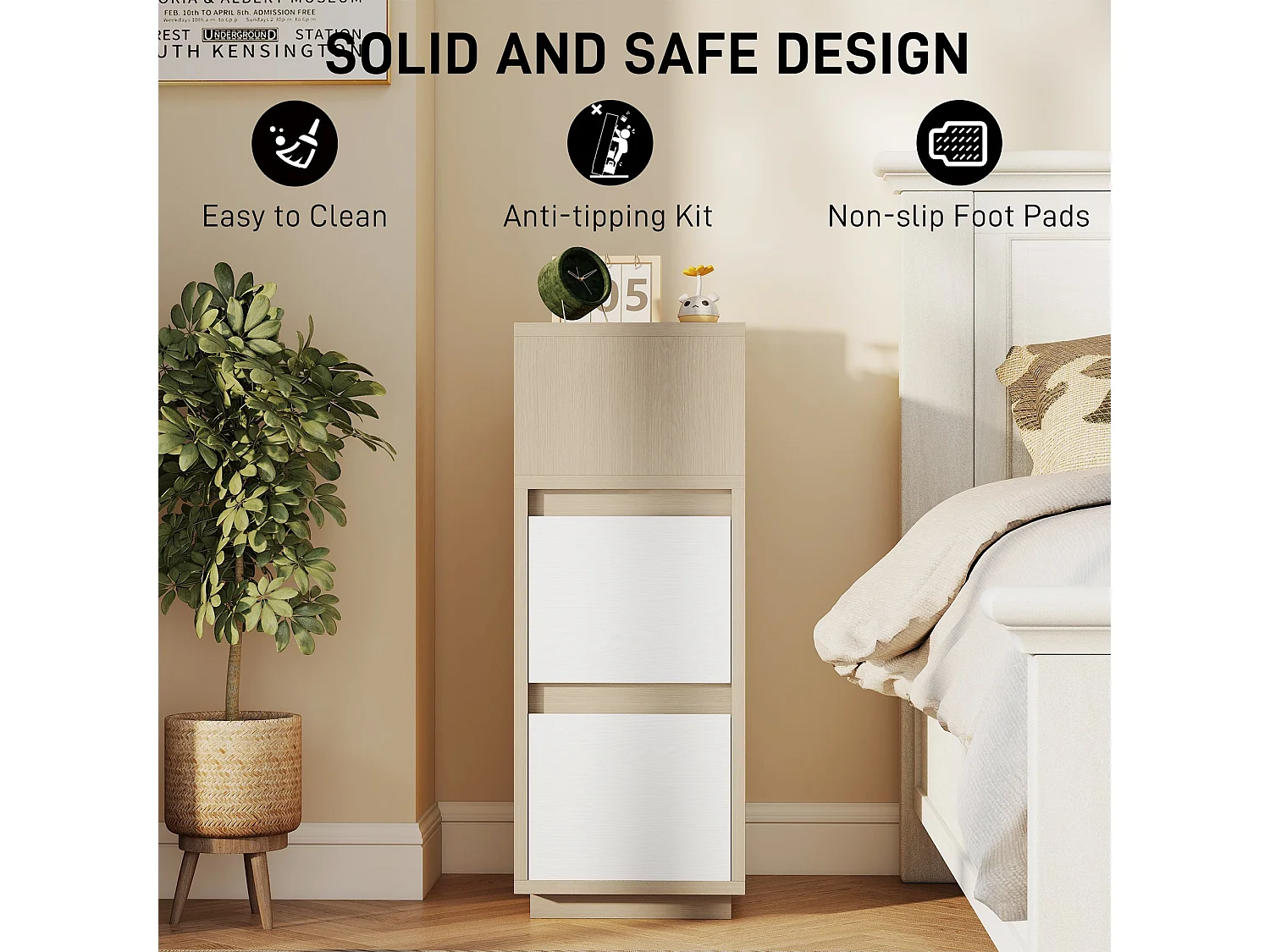 Noyo Slim Bedside Table Natural Wood Finish 2 Drawers + Open Shelf