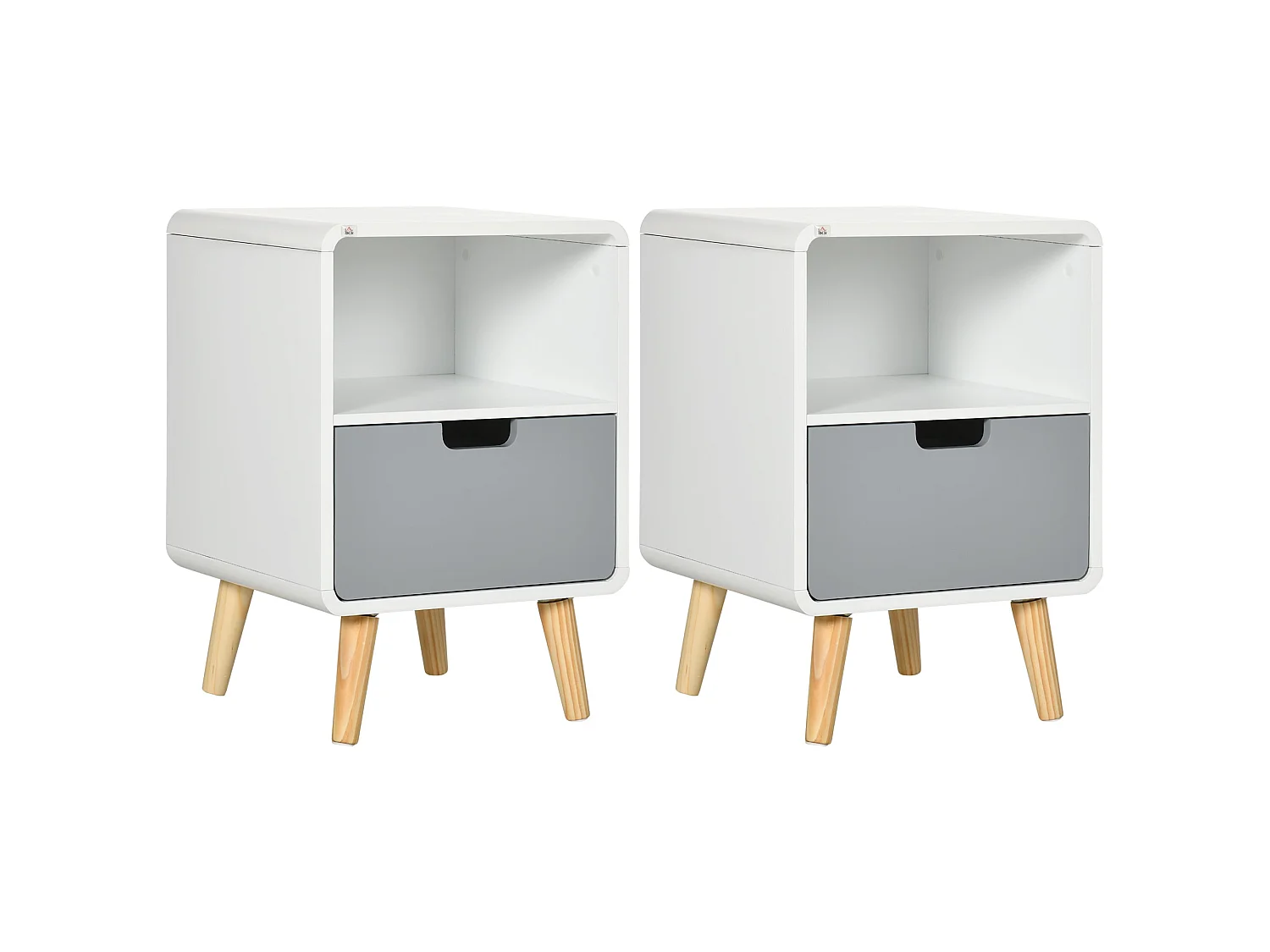Neselo Yozi Set of 2 Scandinavian Wooden Bedside Tables with Drawer and Shelf