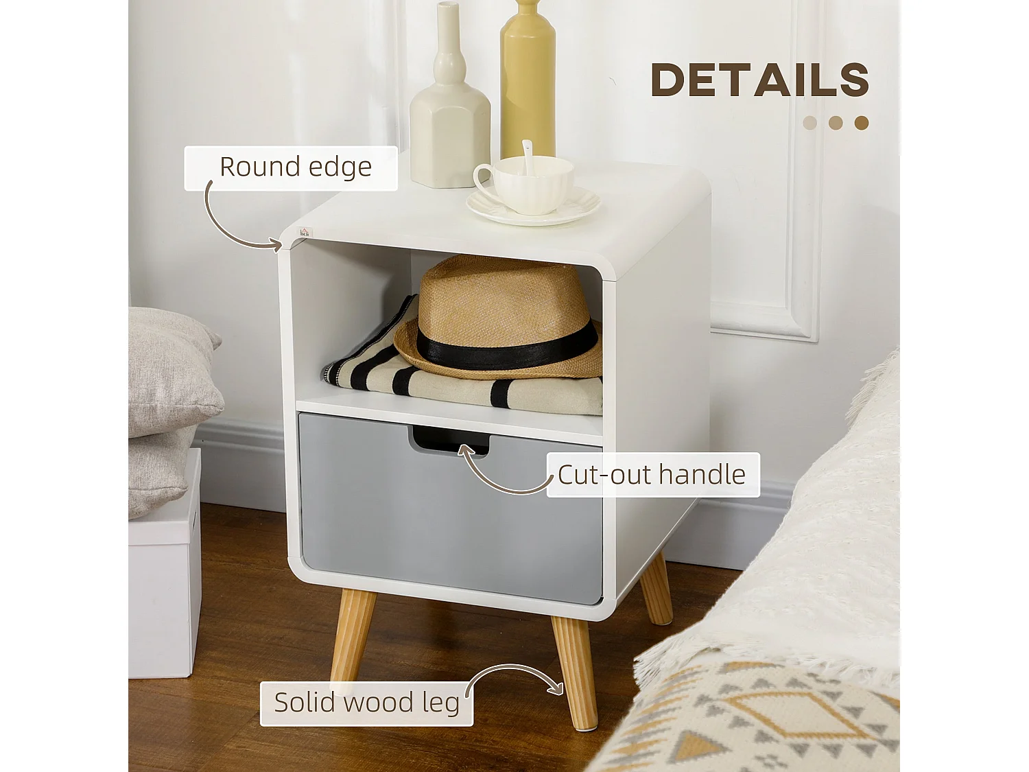 Neselo Yozi Set of 2 Scandinavian Wooden Bedside Tables with Drawer and Shelf