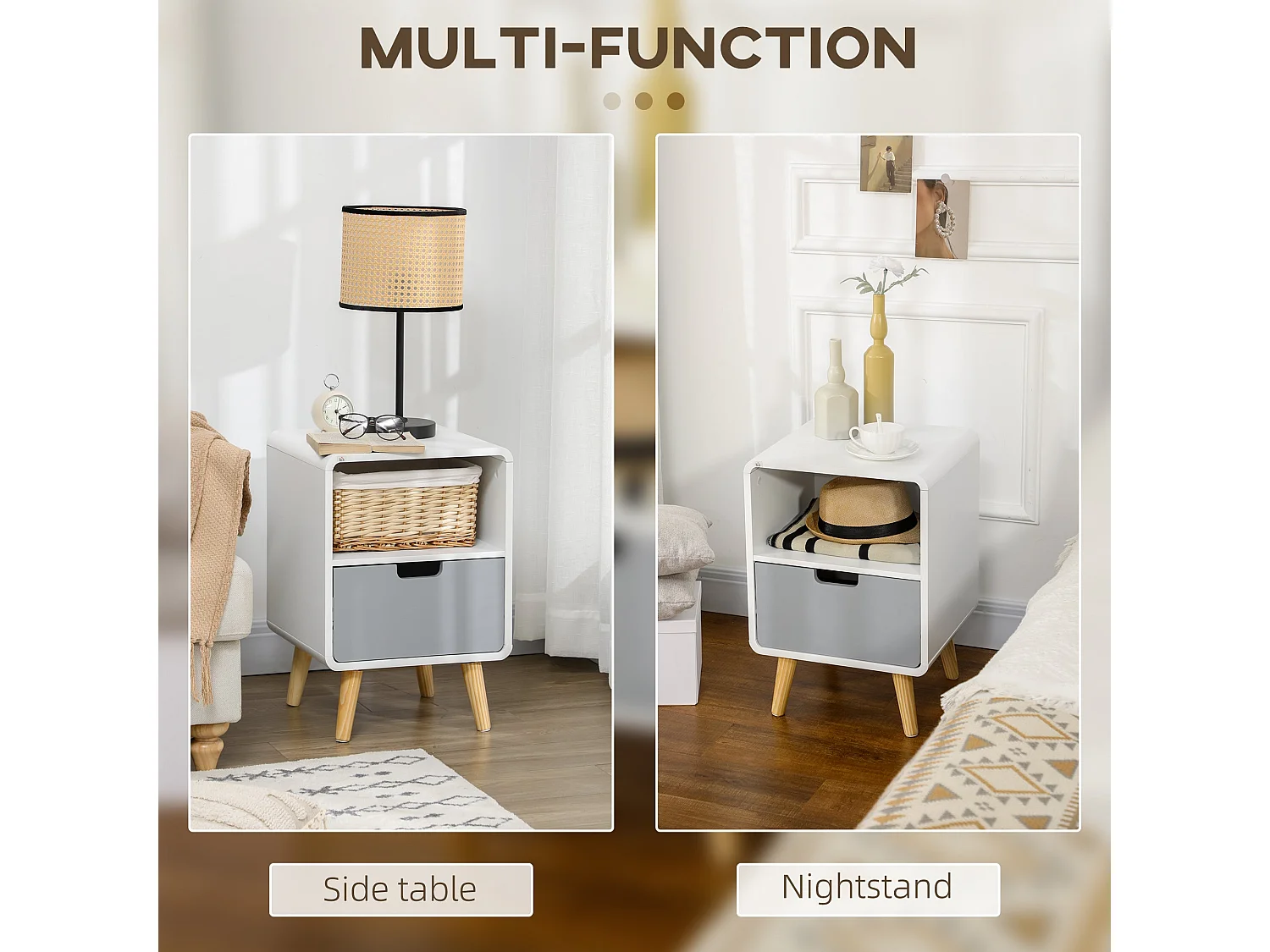Neselo Yozi Set of 2 Scandinavian Wooden Bedside Tables with Drawer and Shelf