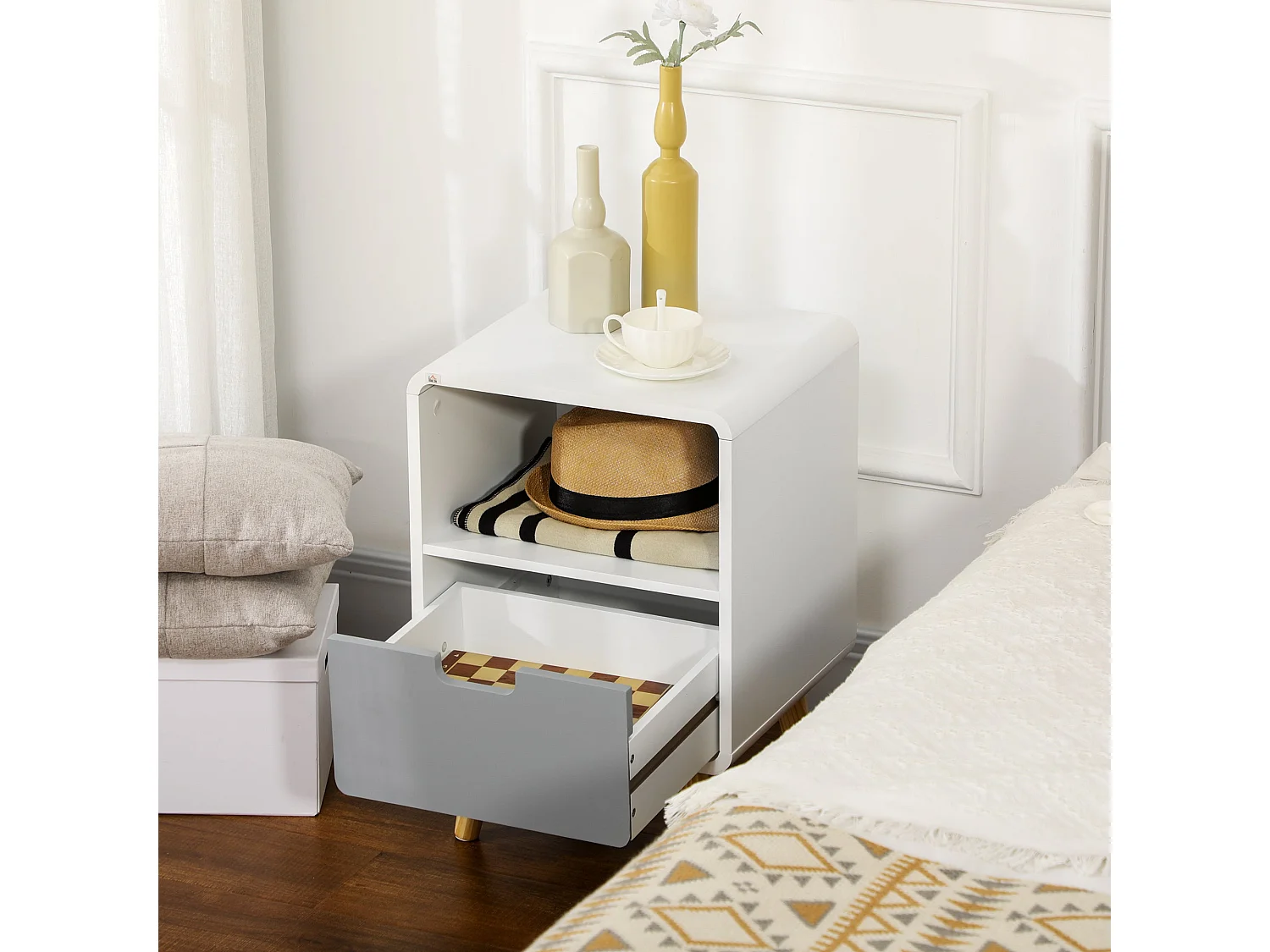 Neselo Yozi Set of 2 Scandinavian Wooden Bedside Tables with Drawer and Shelf
