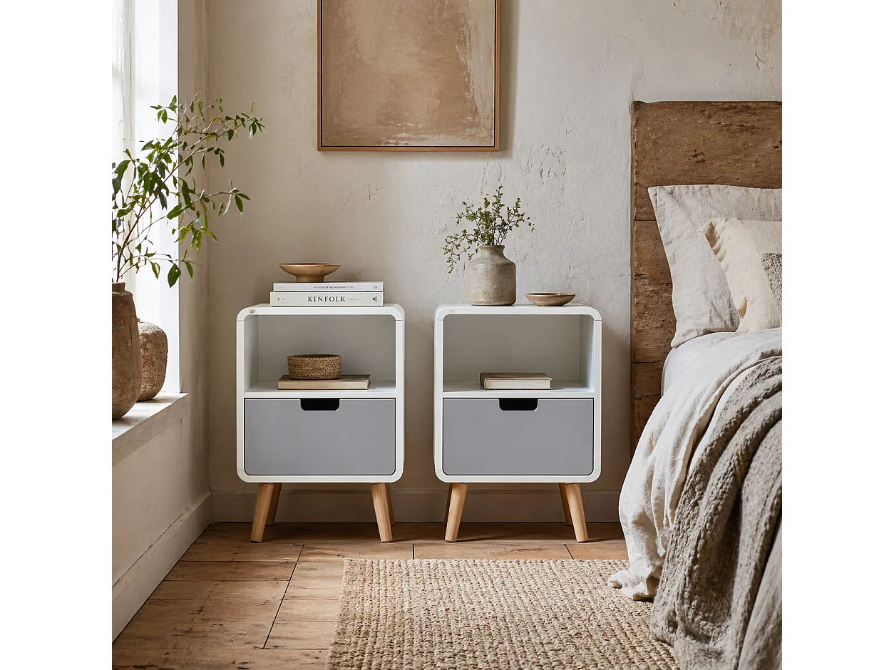Neselo Yozi Set of 2 Scandinavian Wooden Bedside Tables with Drawer and Shelf
