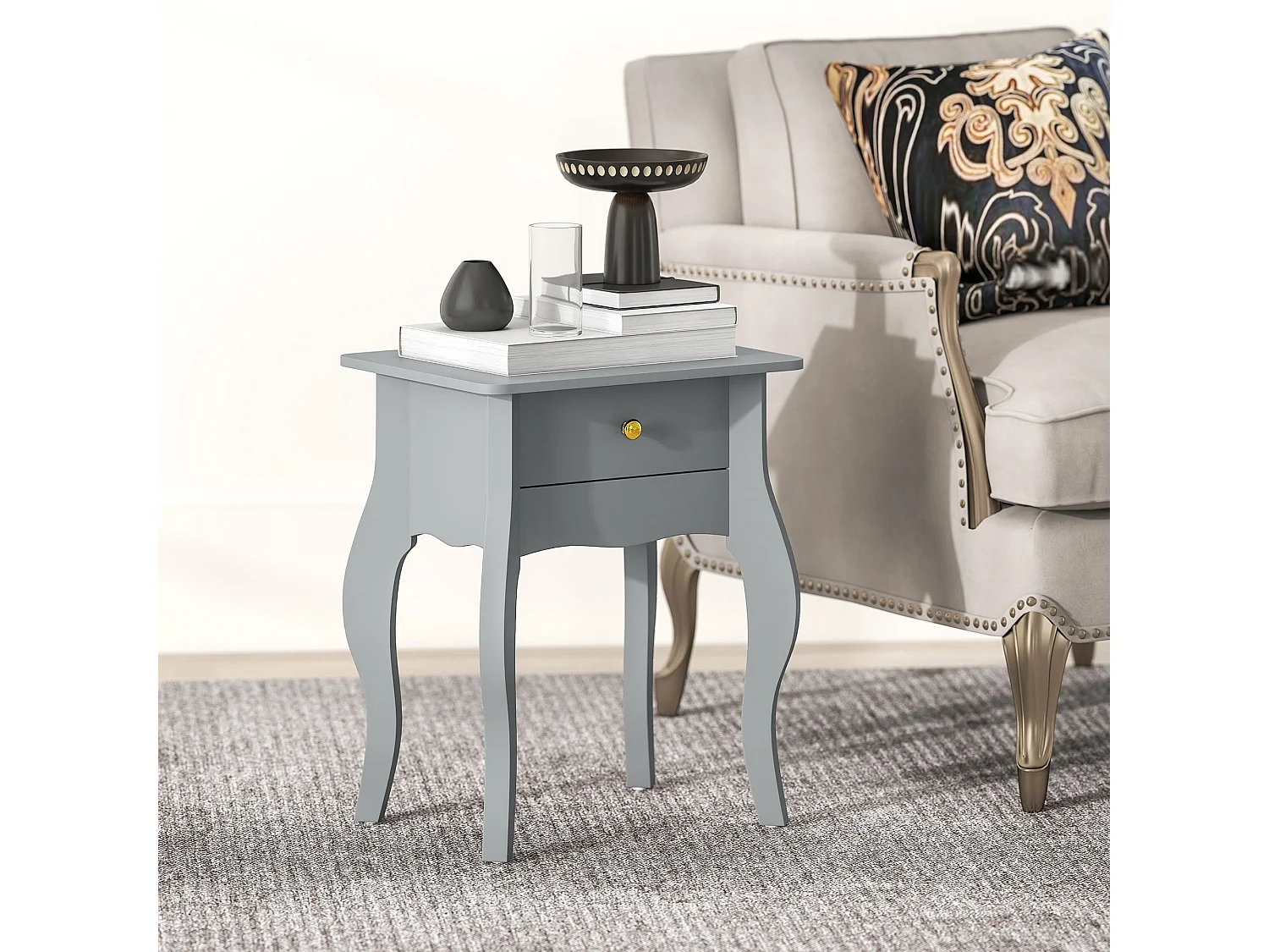 Noha Grey French Style Side Table with Drawer Painted MDF Gold Handle