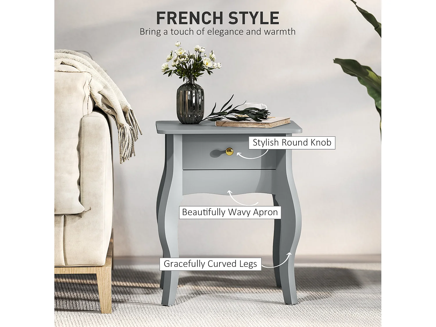 Noha Grey French Style Side Table with Drawer Painted MDF Gold Handle