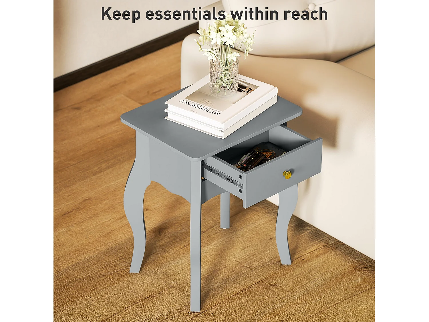 Noha Grey French Style Side Table with Drawer Painted MDF Gold Handle