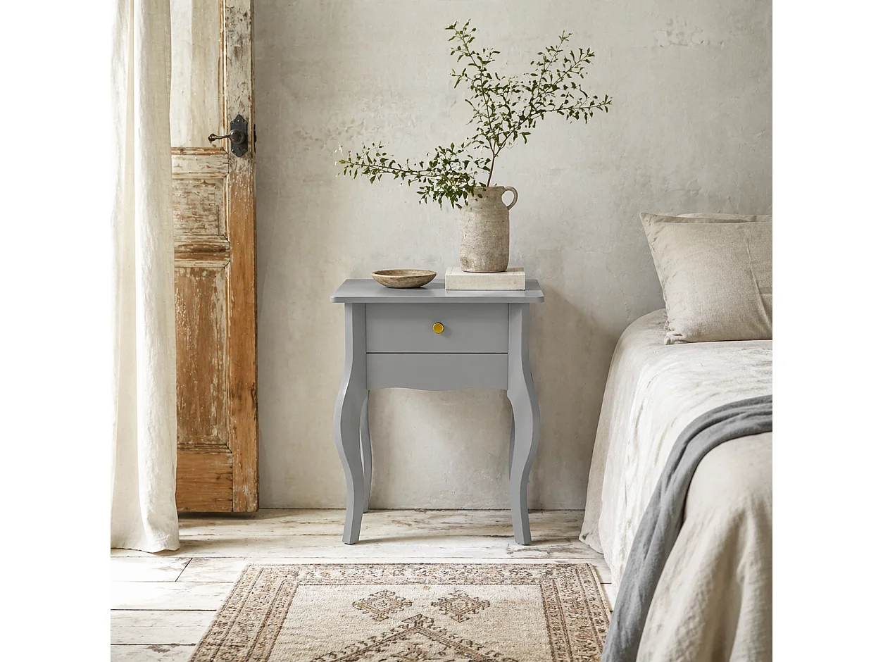 Noha Grey French Style Side Table with Drawer Painted MDF Gold Handle