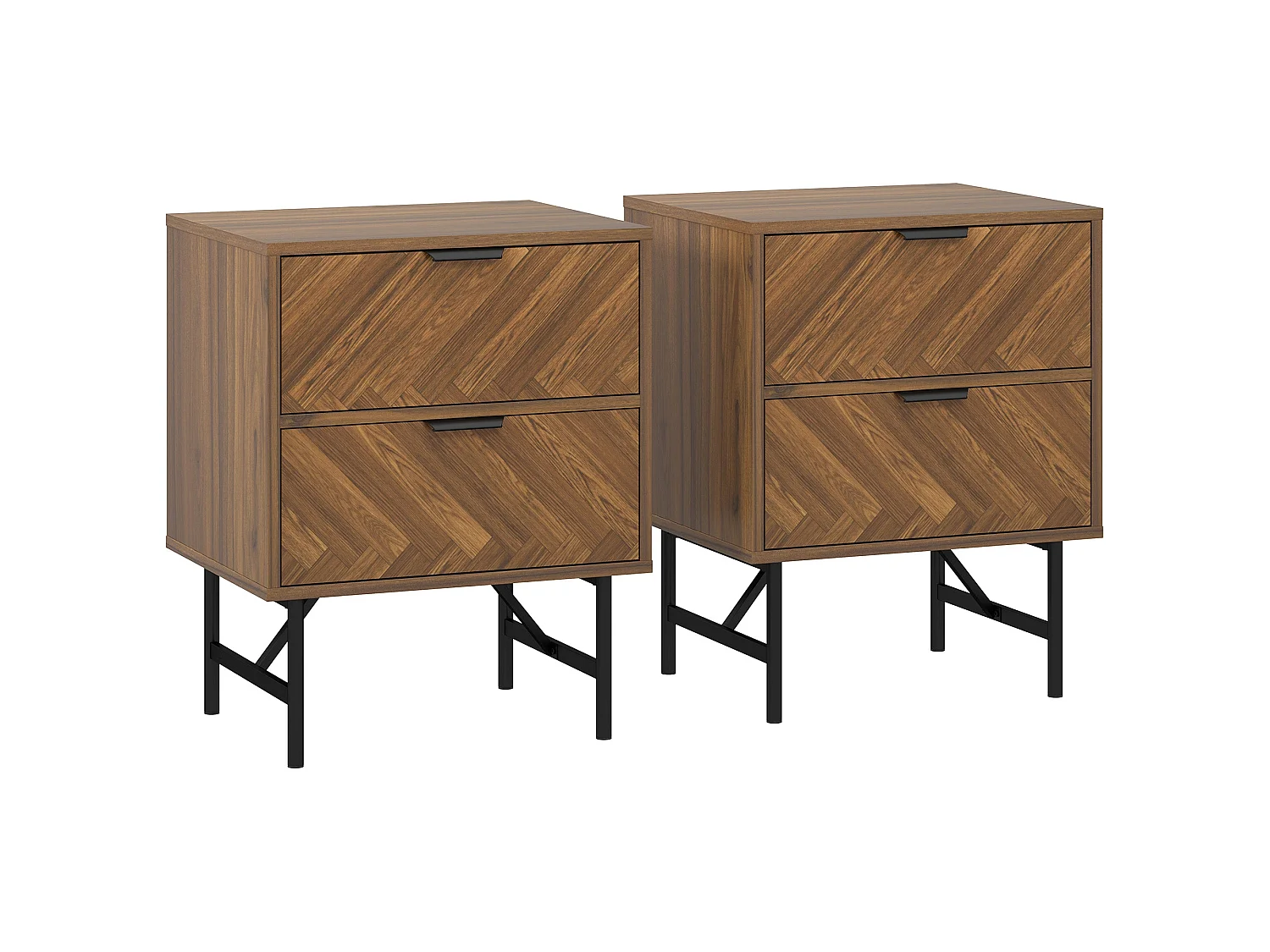 Vira Walnut Set of 2 Brown Bedside Tables Chevron Herringbone Pattern Black Metal Legs