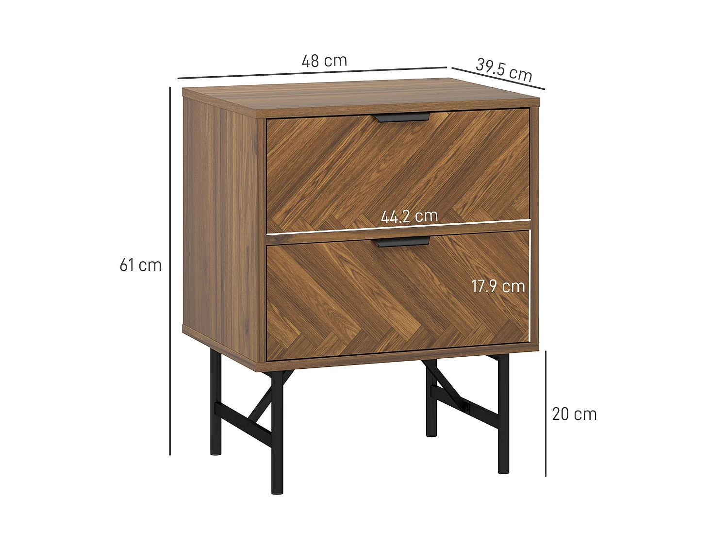 Vira Walnut Set of 2 Brown Bedside Tables Chevron Herringbone Pattern Black Metal Legs